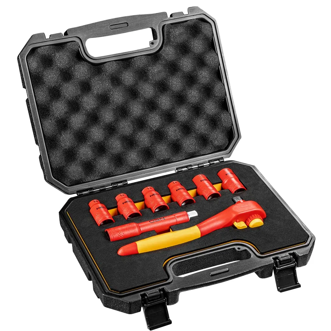 NEO TOOLS Zestaw Kluczy Nasadowych 1000V | Zestaw 8 Elementów,Stal CrV, Nasadki Sześciokątne 10-19 mm, Grzechotka, Przedłużka | Dla Elektryka, w Walizce