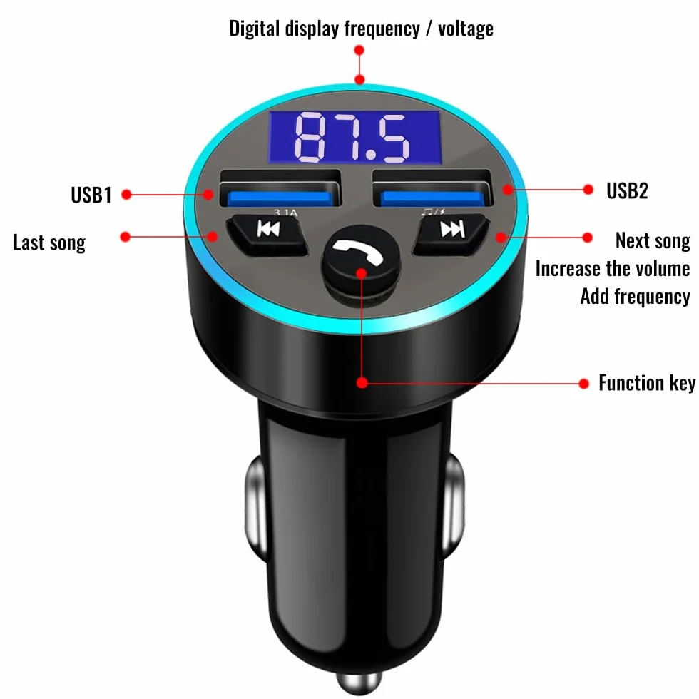 Transmiter FM Bluetooth Samochodowy QC3.0 Dual USB Zestaw Głośnomówiący