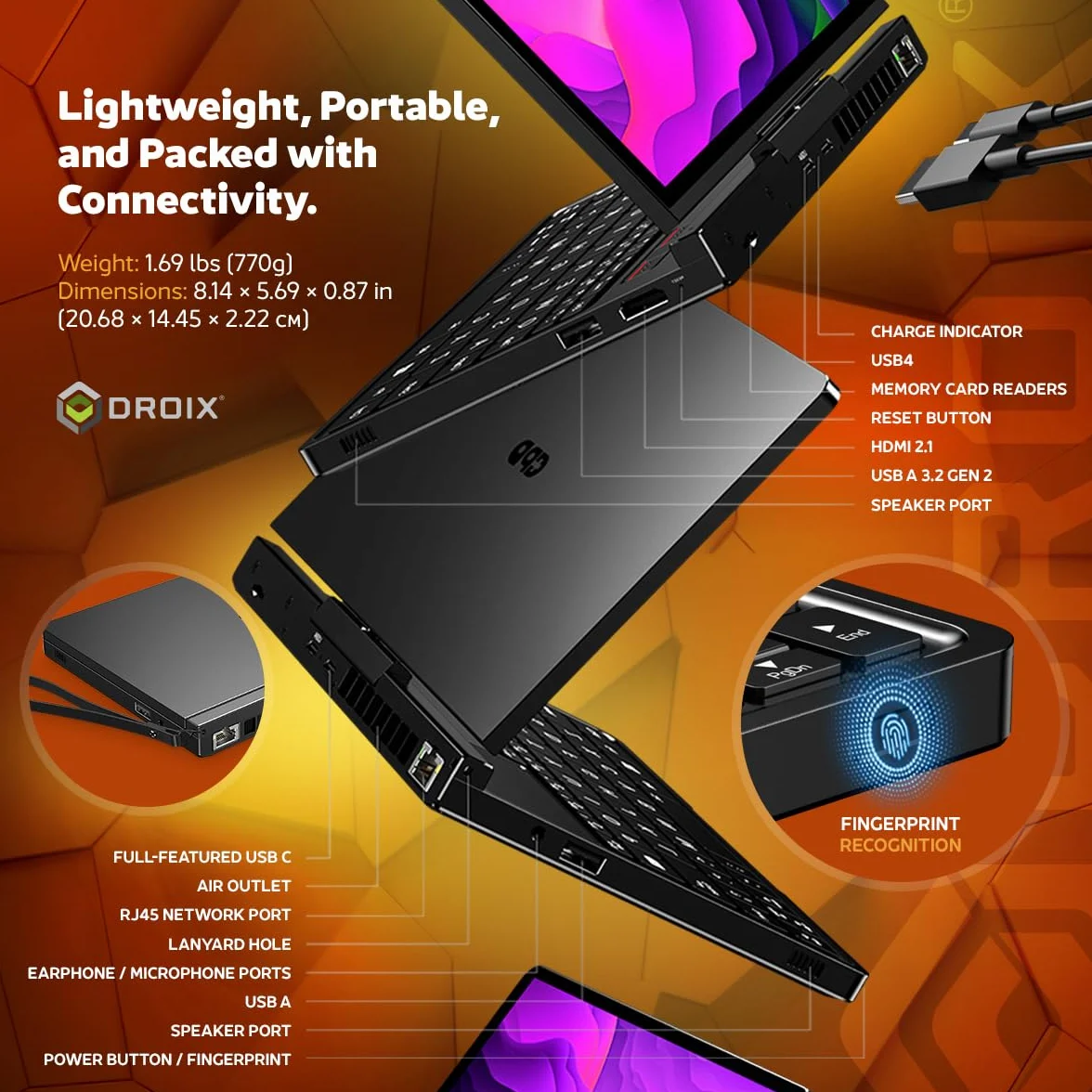 GPD Pocket 4 Mini Laptop AMD Ryzen AI 9 HX 370 Radeon 890M 32GB RAM LPDDR5X 2TB SSD PCIe Gen4 8,8" 2,5K 144 Hz Wi-Fi 6E Bluetooth 5.3