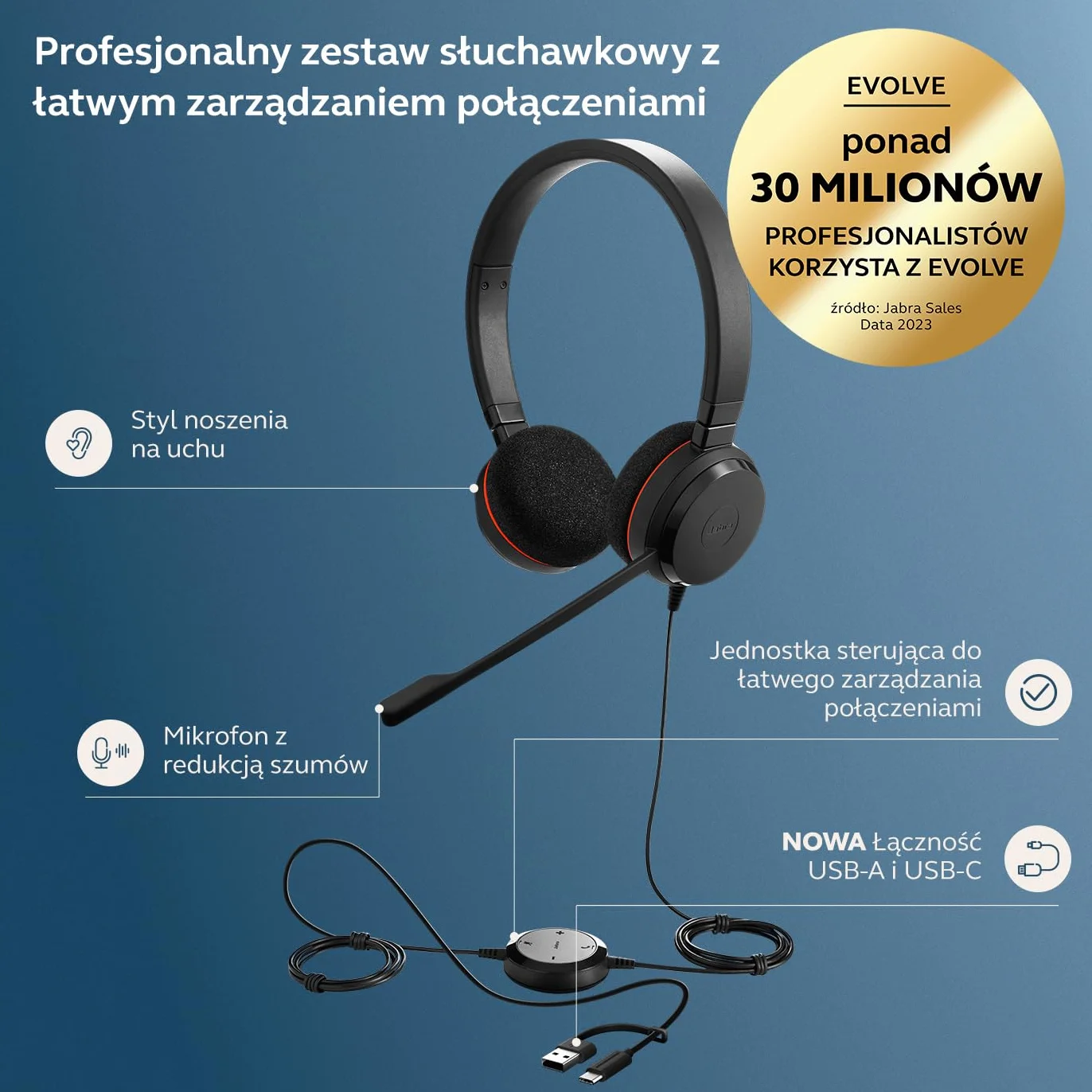 Jabra Zestaw słuchawkowy stereo Evolve 20 – słuchawki z certyfikatem ujednoliconej komunikacji do telefonu VoIP z pasywną redukcją szumów, USB-C/A, czarne
