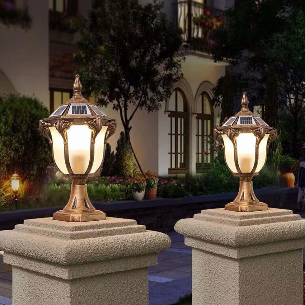 Solarne lampki słupkowe, wodoodporne lampy kolumnowe LED, do ogrodu, rustykalne brązowe oświetlenie słupkowe, IP65, do krajobrazu i podwórka