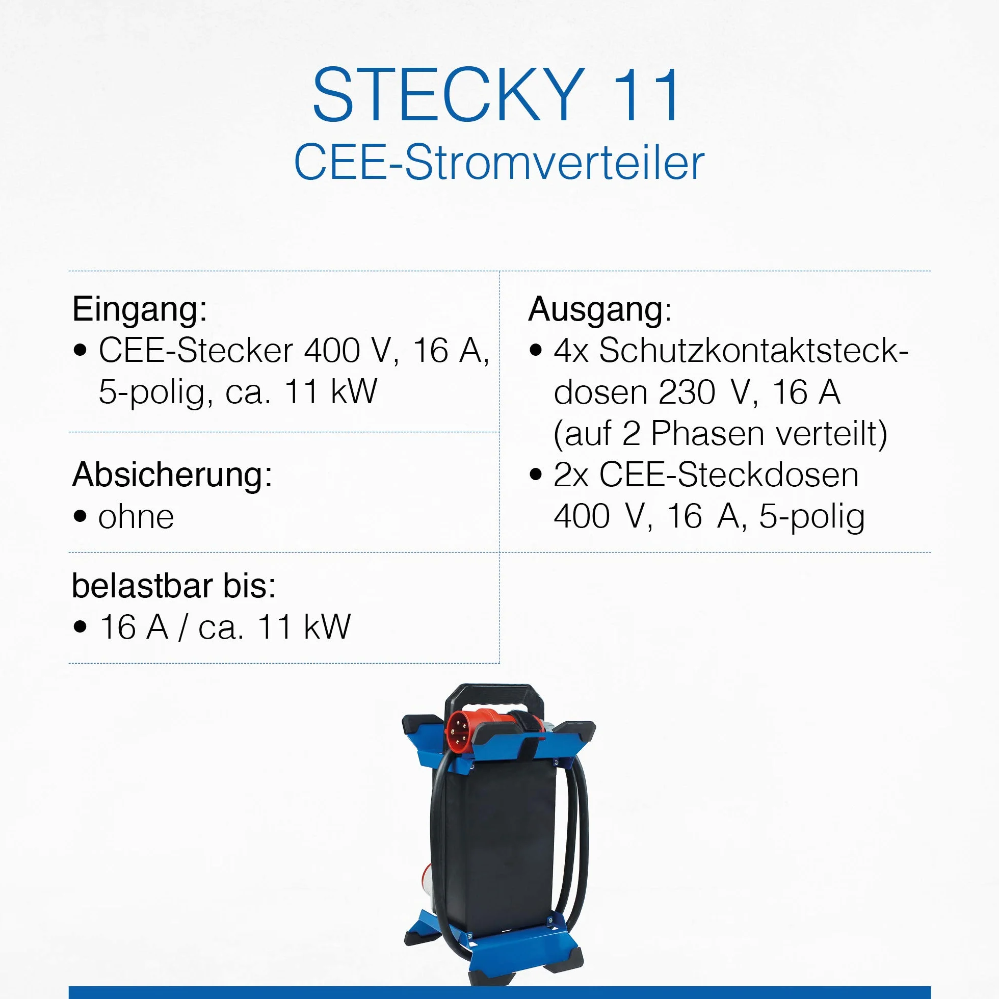 Schwabe STECKY 11 CEE-Stromverteiler 2,5 m Gummischlauchleitung H07RN-F 5G2,5 4 Schuko 230V 16A 2 CEE-Steckdosen 400V 16A IP44 Schwarz