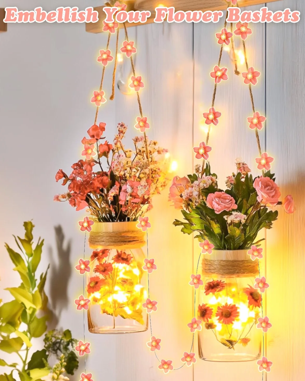 Dalugo łańcuch świetlny LED z kwiatostanami wiśni, 20 diod LED, 2 m, na baterie, z timerem, łańcuch świetlny w kształcie bukietu kwiatów na dekorację wiosenną, dekoracja z kwiatostanami wiśni, na