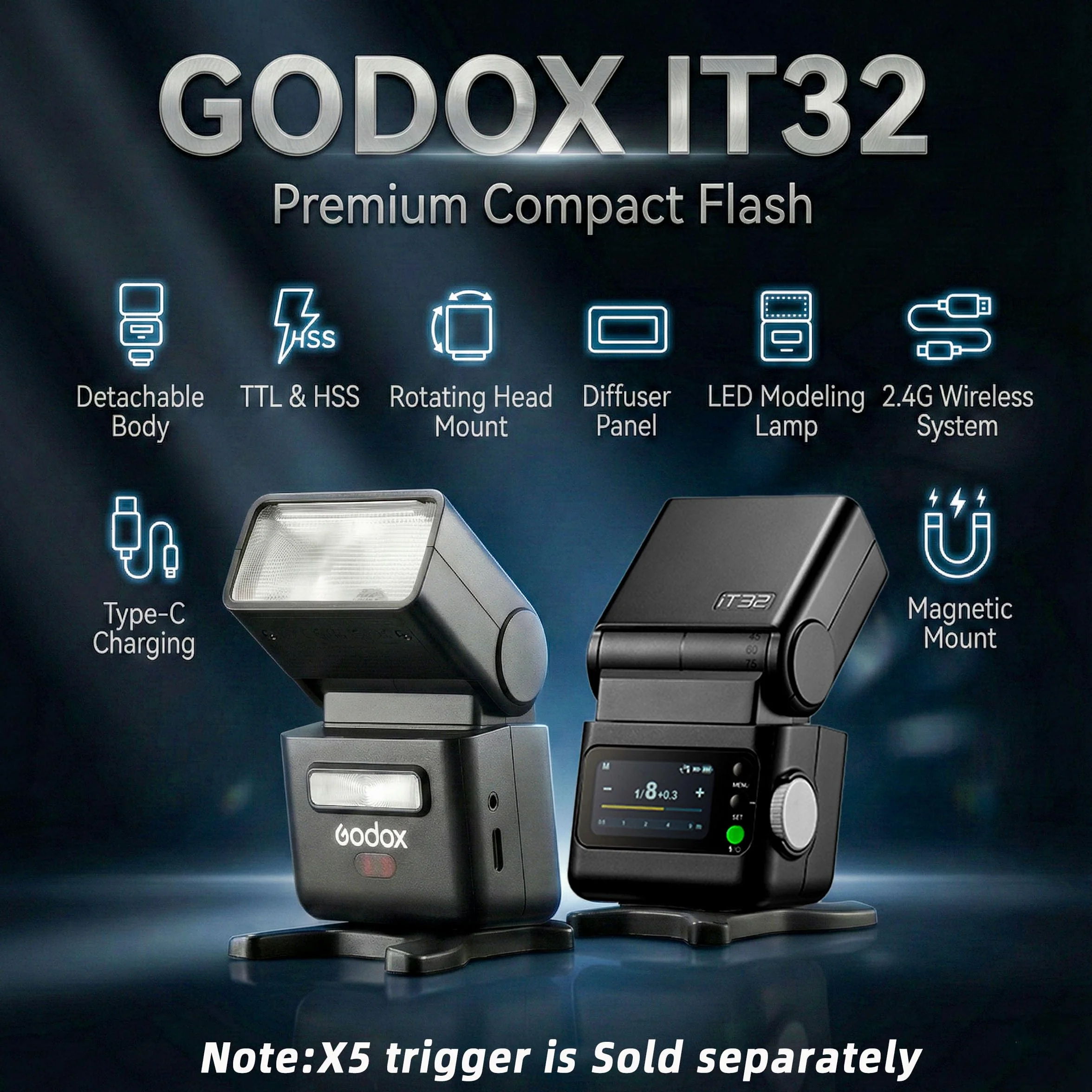 Godox iT32 TTL Lampa Błyskowa 2.4GHz HSS 1/8000s Ekran Dotykowy LED Akumulator