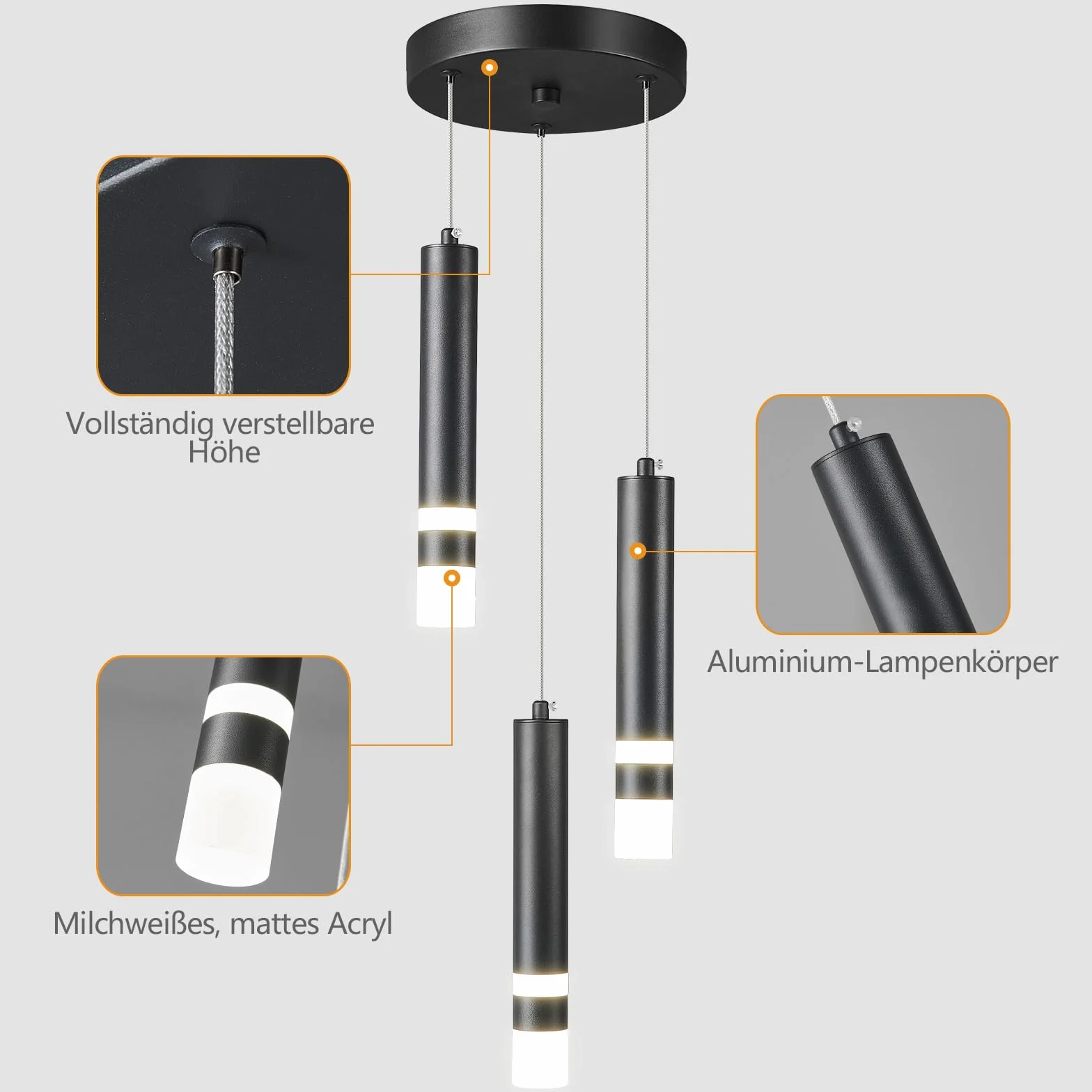 Nowoczesna lampa wisząca z regulacją wysokości LED czarna mini lampa wisząca Kücheninsel Schlafzimmer stolik nocny małe lampy wiszące (3-światło)