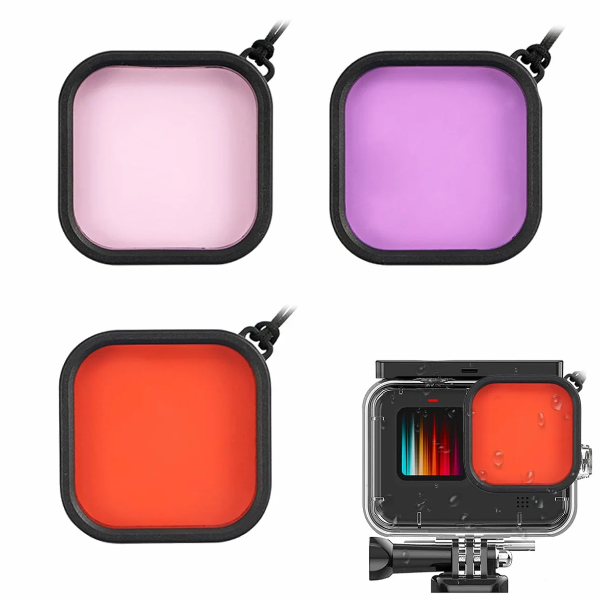MOJOGEAR Filtr zanurzeniowy do GoPro Hero 13, zestaw 3 szt. z czerwonym, magenta i różowym filtrem do korekcji kolorów podczas zdjęć podwodnych, akcesoria do MOJOGEAR wodoszczelna obudowa