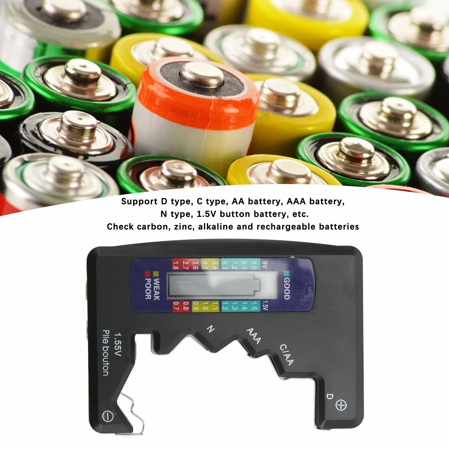 Cyfrowy Miernik Pojemności Baterii Ekran LCD Uniwersalny D C N AAA 9V 1.5V Przycisk Komórki Analizator Baterii Sprawdzanie Baterii Węglowo-Cynkowe Baterie Alkaliczne i Akumulatory (czarny)