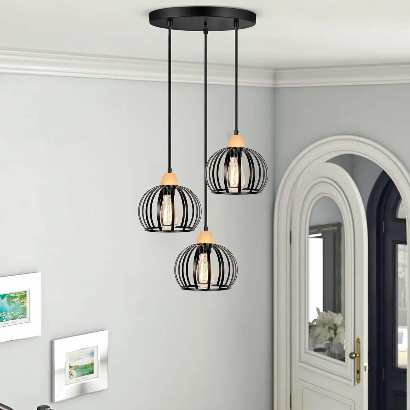 iDEGU 3 Światła Nowoczesny żyrandol wiszący 20 cm Vintage Drewniane i metalowe lampy sufitowe Projekt klatki Lampa wisząca do sypialni salonu kuchni restauracji (okrągła, czarna)