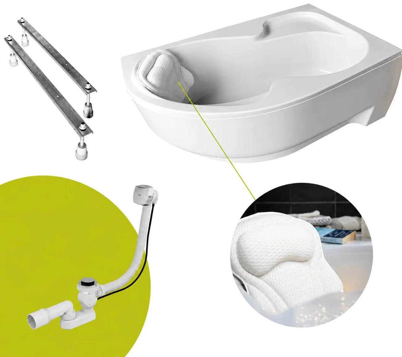 Wanna narożna ECOLAM® WELA 150x100 cm prawa z obudową | Wanna akrylowa Wanna sanitarna akrylowa + obudową akrylową + zagłówkiem Mare + automatycznym odpływem i przelewem | Antypoślizgowa, łatwa w piel