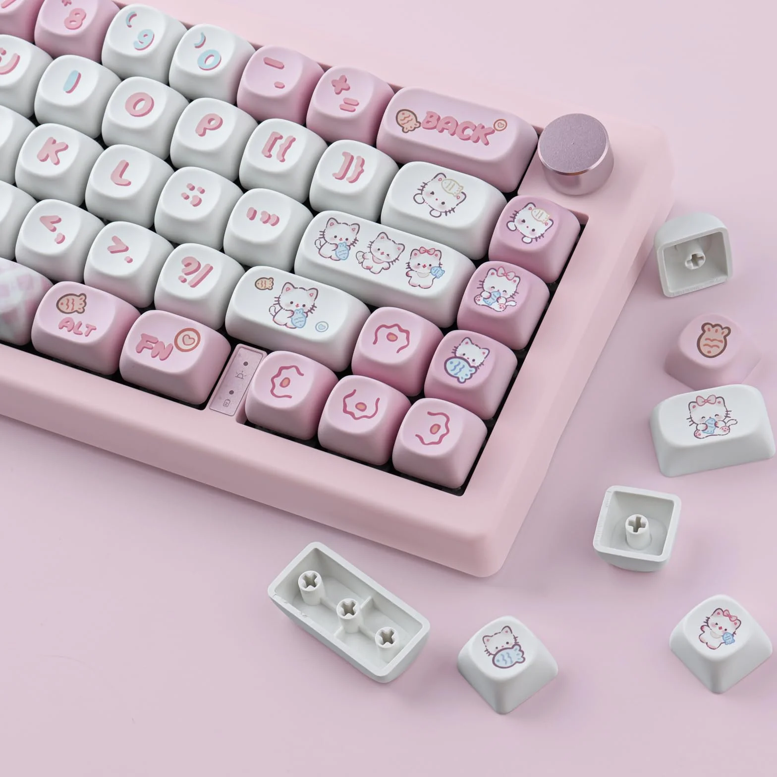 PBT Cute Kitty-cat Keycaps Set 140 Keys Dye-Sublimation MOA Profile for Cherry Gateron MX Switches Mechanical Keyboards