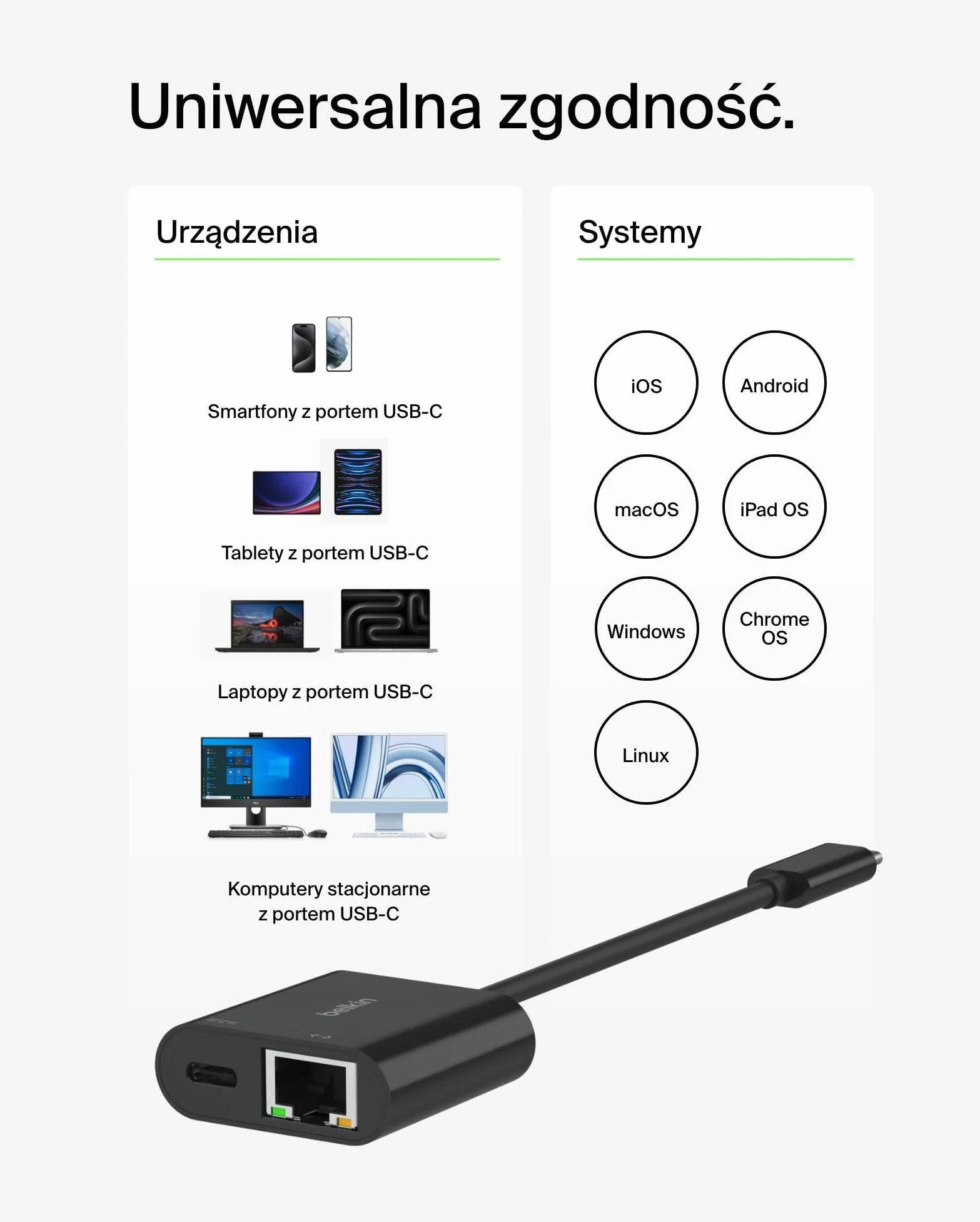 Adapter Belkin Connect USB-C na Ethernet z funkcją ładowania 100 W, port Gigabit Ethernet i USB-C – szybkie połączenie z Internetem: 10/100/1000 Mb/s – zgodny z iPhone’em 16 i Samsungiem Galaxy S24