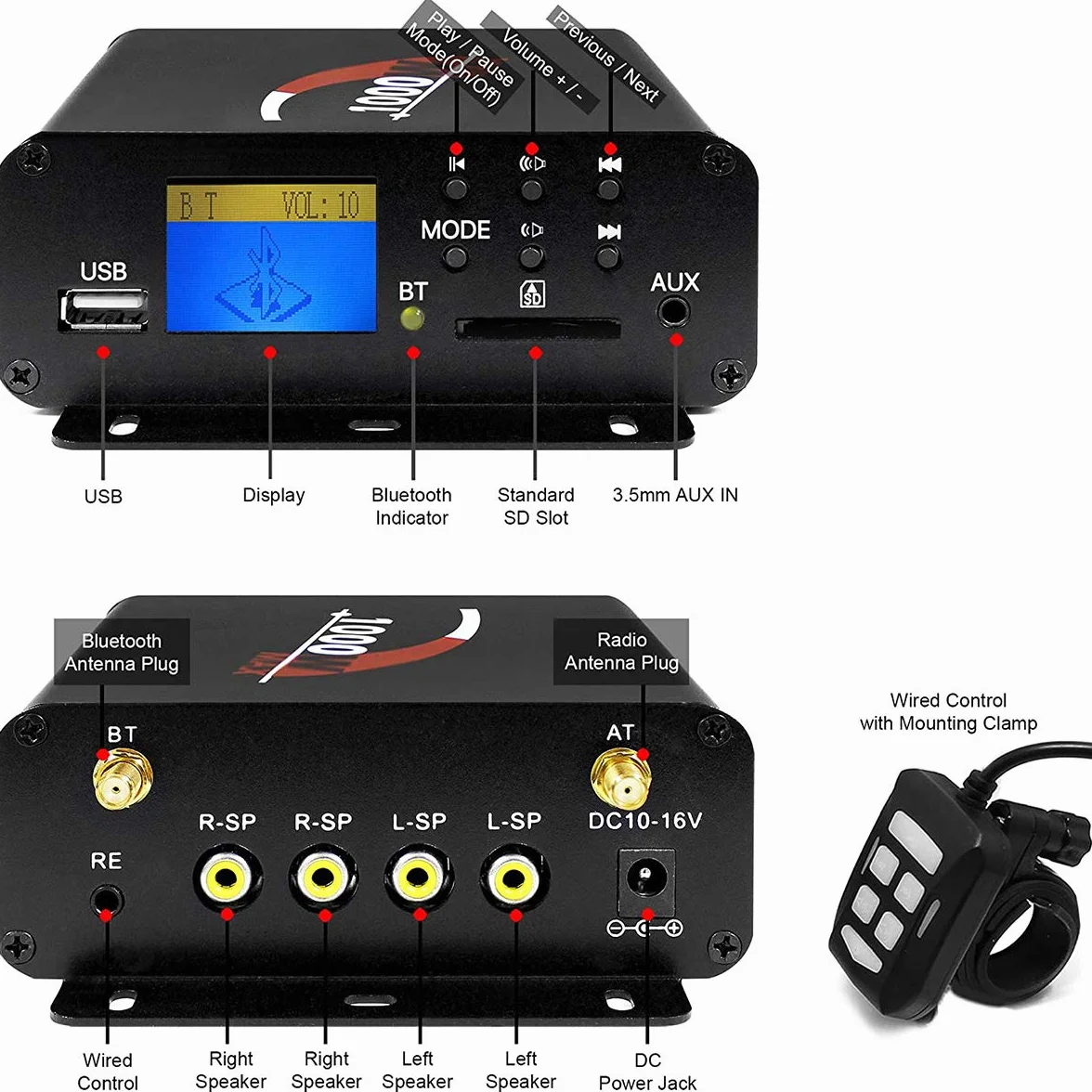4-kanałowy wzmacniacz motocyklowy, 1000 W, 4 cale, pełny zakres, wodoodporny, Bluetooth, motocykl, głośniki stereo, system audio z AUX, USB, SD, FM, radio do kierownicy, 1–1,5 cala, Harley, Cruiser, ATV, UTV, chromowany, sieć
