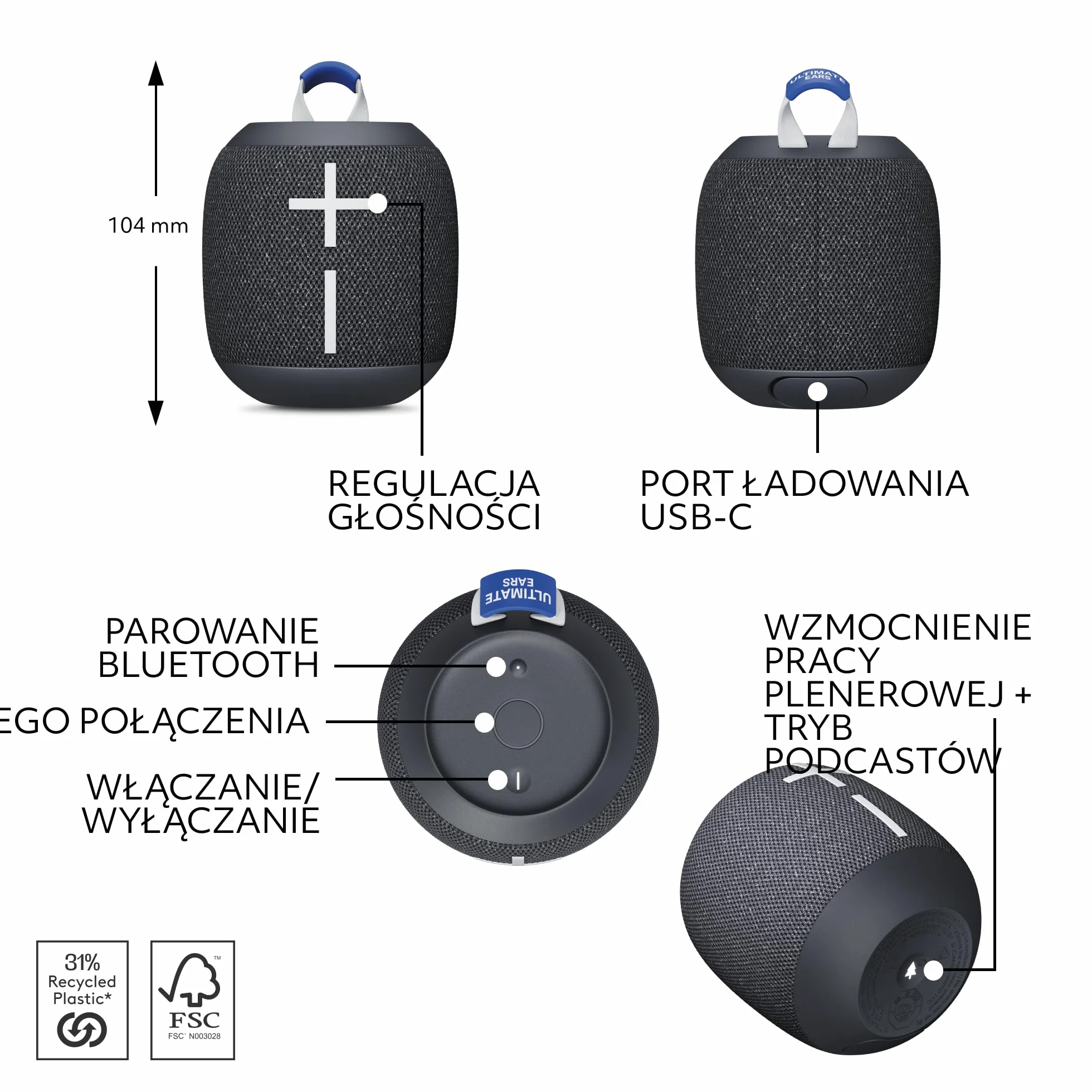 Ultimate Ears WONDERBOOM 4 przenośny wodoodporny głośnik Bluetooth 360-stopniowym dźwiękiem pyłoszczelny 40 m - Czarny