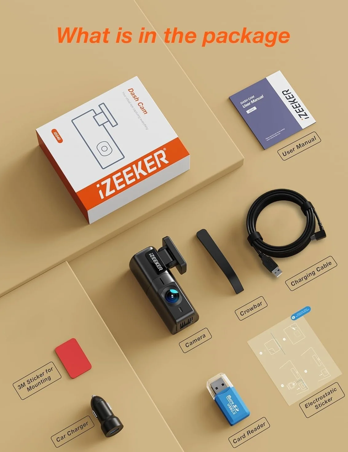 iZEEKER Kamera samochodowa 2,5K WiFi Dashcam 1440P z aplikacją, noktowizor WDR, czujnik G, nagrywanie w pętli