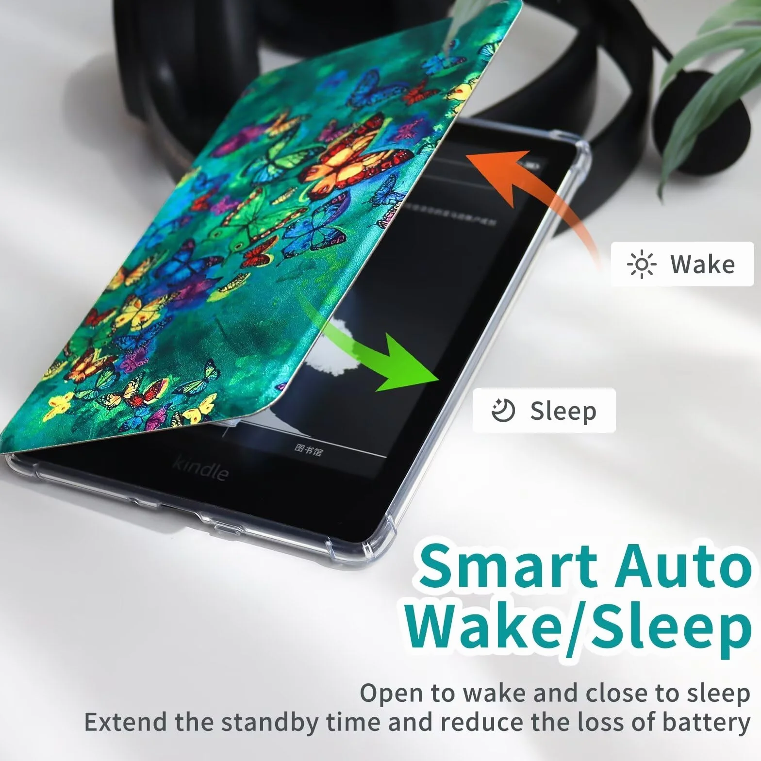 MOKASE Etui Fit for 7 calo Kindle Paperwhite (12. generacja, 2024) i Kindle Colorsoft Signature Edition, elastyczny przezroczysty zderzak z TPU ze skóry PU z funkcją Auto Wake/Sleep, Green Butterflies