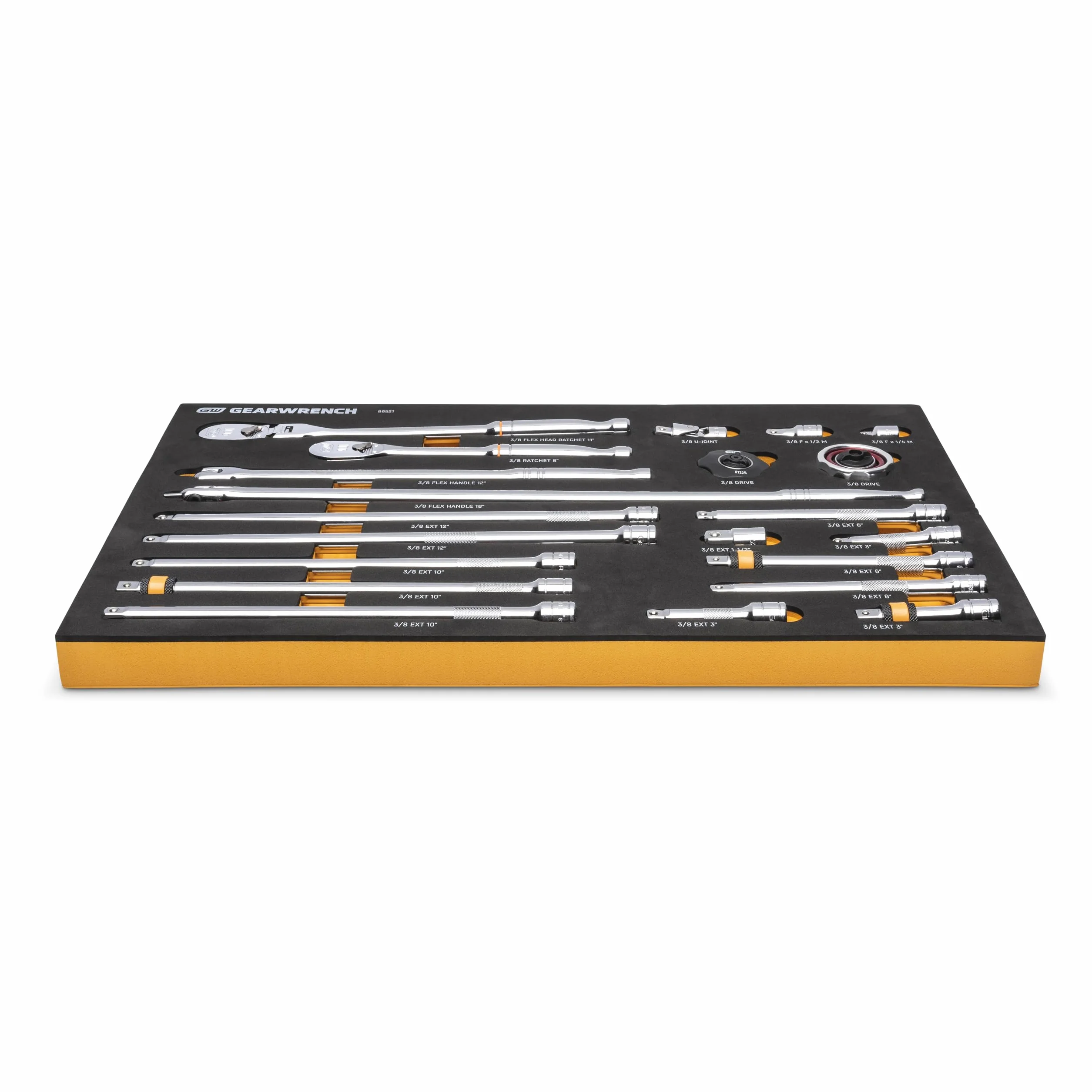 GEARWRENCH 86521 Zestaw narzędzi 3/8" 90T z grzechotką i napędem, z tacą z pianki EVA, 21 części
