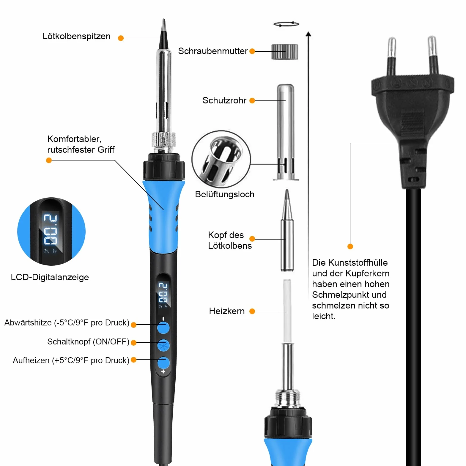 Zestaw do lutowania, 90 W LED lutownica z regulacją temperatury od 180°C do 480°C, 5 x lutownica, pasta lutownicza, drut lutowniczy, uchwyt do lutownicy, zestaw do naprawy spawania, niebieski
