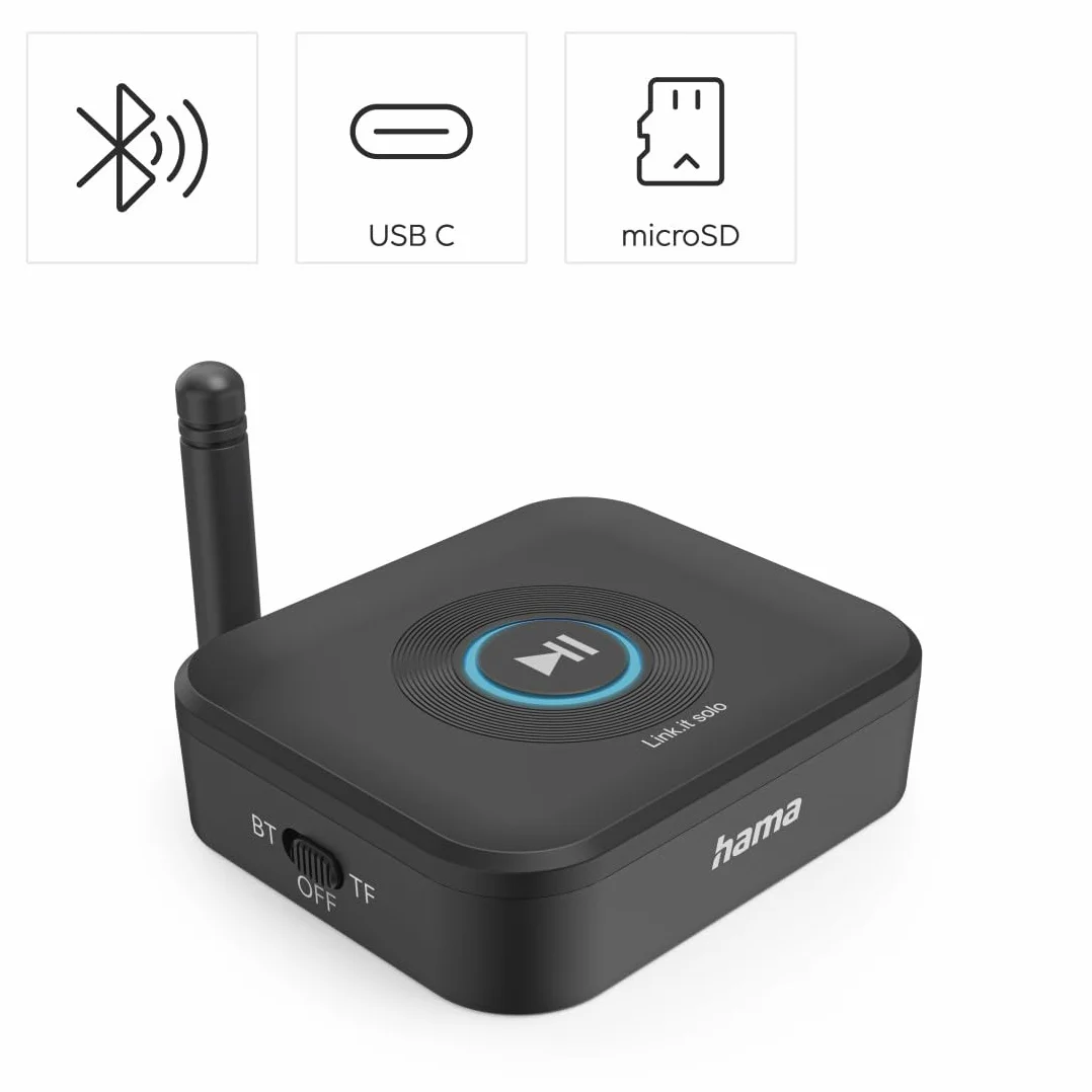 Hama Adapter Transmitter Bluetooth 5.3 z Minijackiem do Systemów HiFi, Obsługa 2 Urządzeń i Karty MicroSD, Zasilanie USB, Czarny