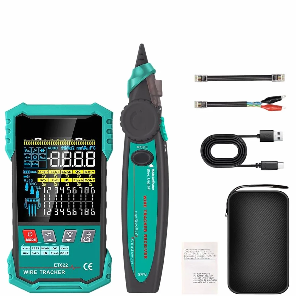 2 w 1 tester kabli sieciowych i multimetr, pomiar długości 2,5-400 m, test PoE/NCV, tester kabli RJ45/BNC z wyświetlaczem LCD, funkcją multimetru ET623, czarny/zielony