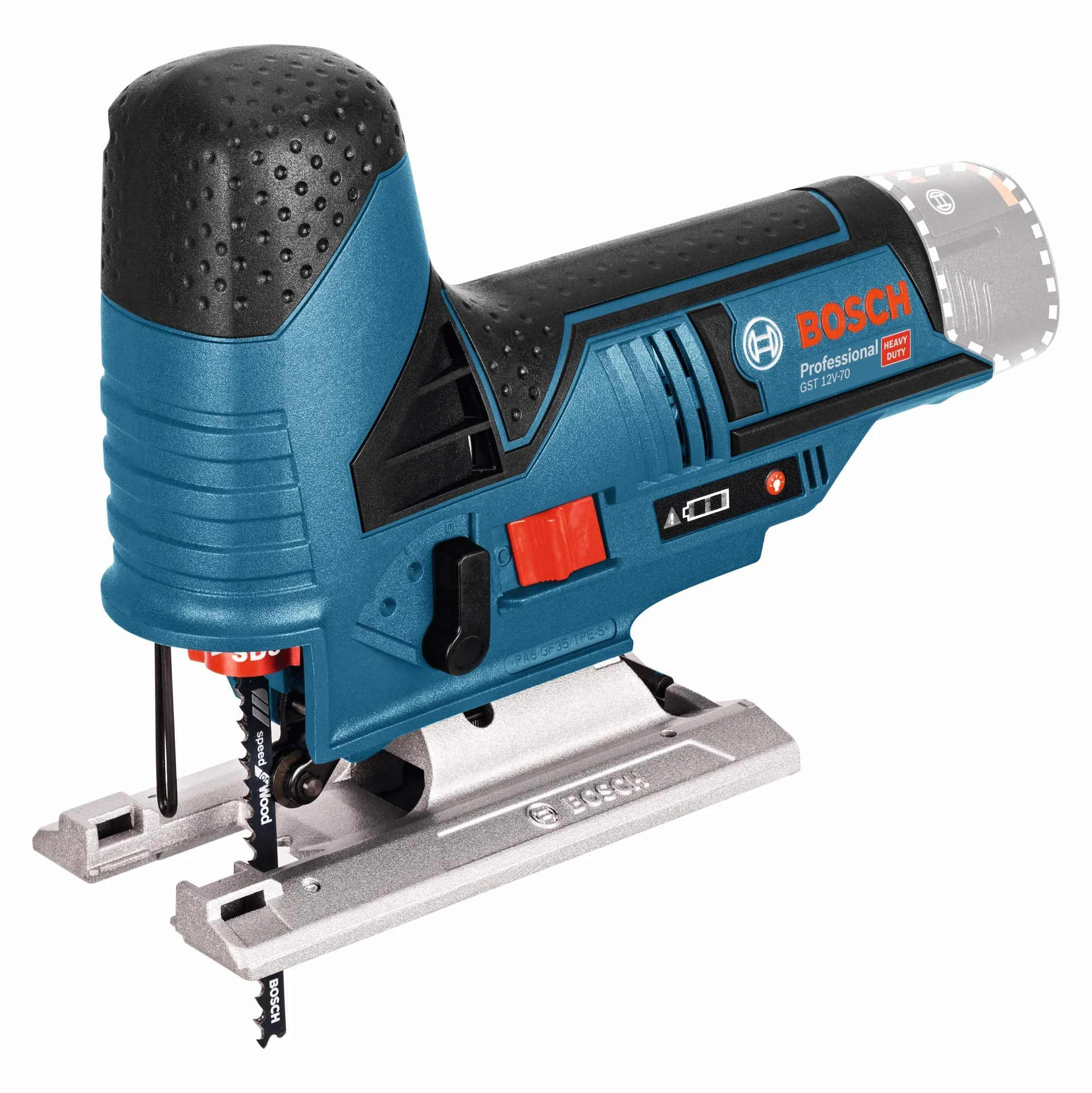 Bosch Professional system 12V: akumulatorowa wyrzynarka GST 12V-70 (2 brzeszczoty, stopka ślizgowa, osłona przeciwodpryskowa, głęb. cięcia w drewnie: 70 mm, walizka L-BOXX)