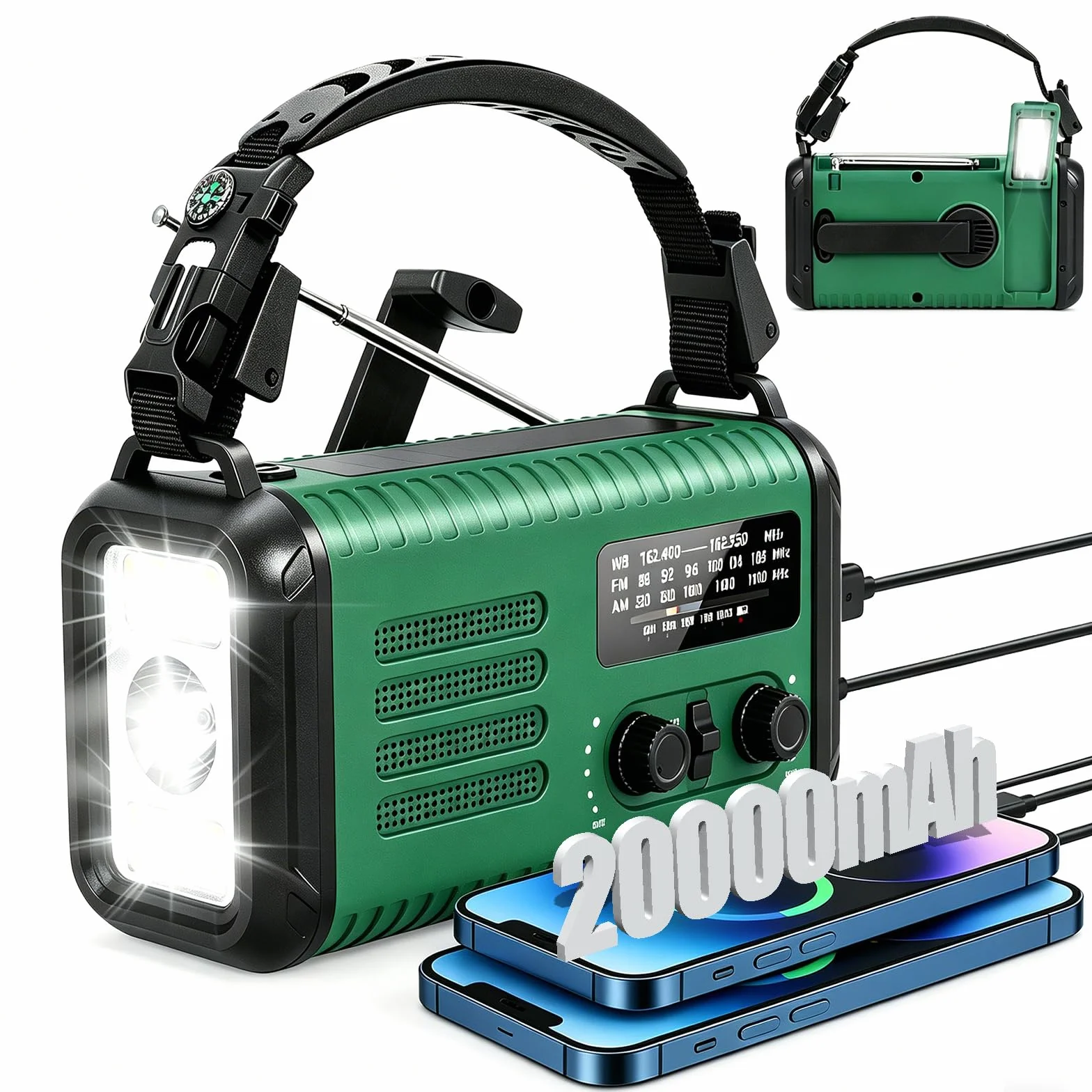 Radio awaryjne 20000 mAh / 74000 mWh, solarne radio z korbą ręczną AM/FM/NOAA, zasilanie bateryjne z ładowarką do telefonu komórkowego, alarmem SOS, latarką i lampą do czytania w nagłych wypadkach