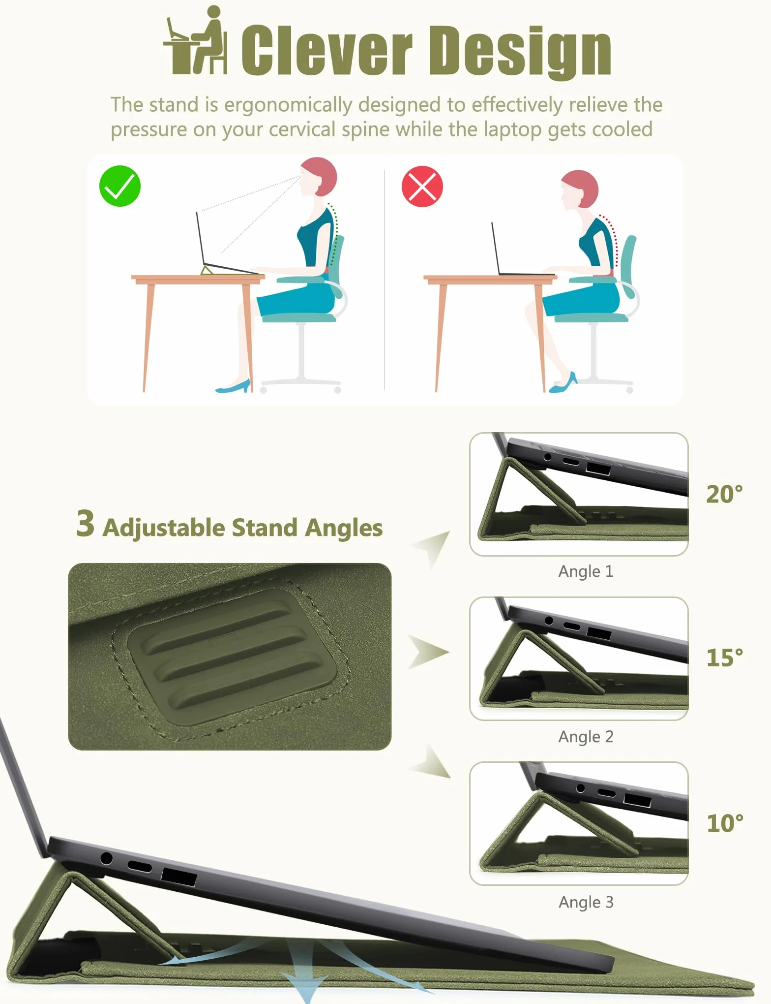 HYZUO 13 Cali Etui na Laptop z Regulowanym Stelażem do MacBook Air 13 M5 A3449, MacBook Pro 13, Surface Pro, XPS 13, Oliwkowa Zieleń