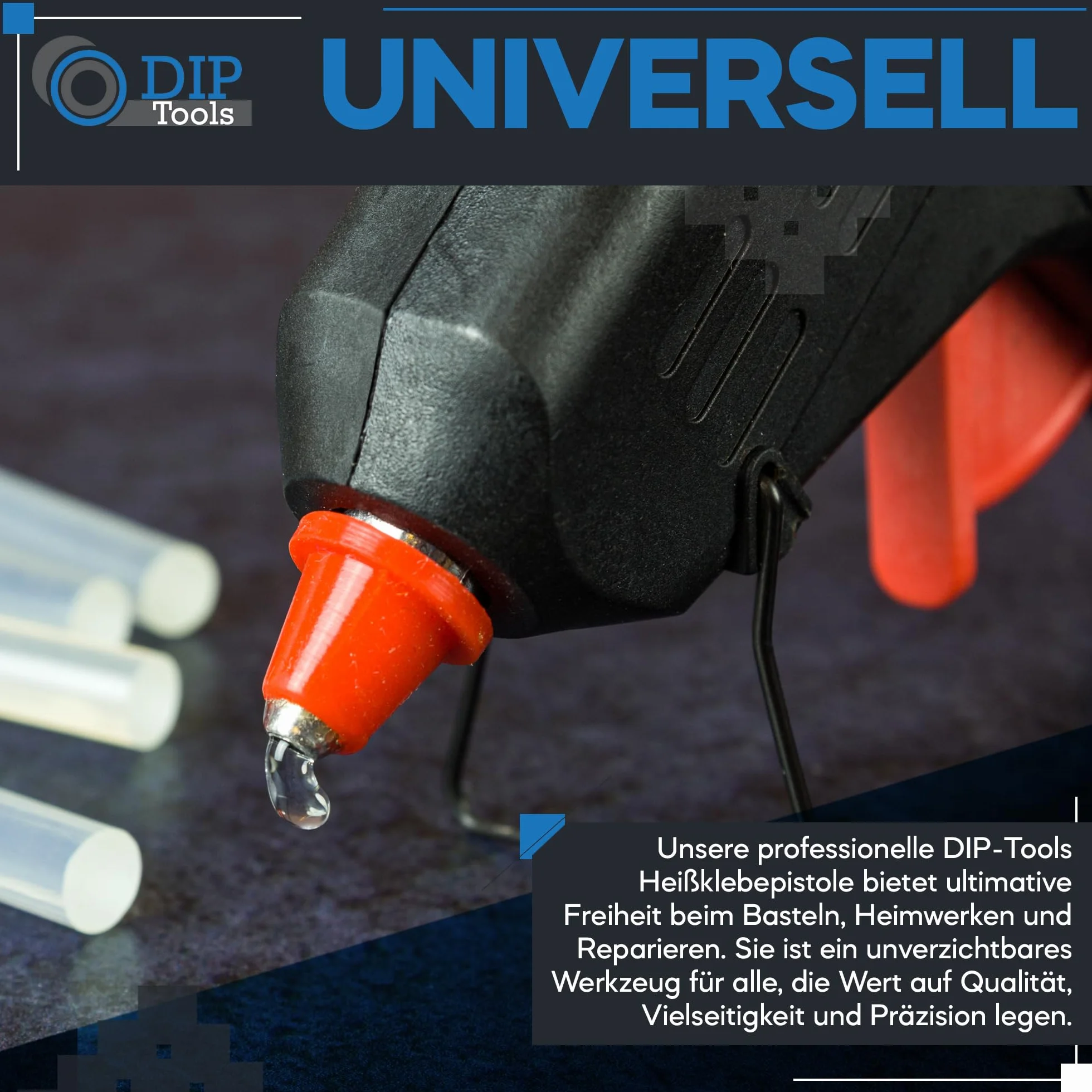 DIP Tools Pistolet do klejenia na gorąco 7.2 mm – pistolet do klejenia na gorąco z 10 wkładami bez rozpuszczalników – Glue Gun zabezpieczony przed wyciekiem, idealny do majsterkowania, dekorowania