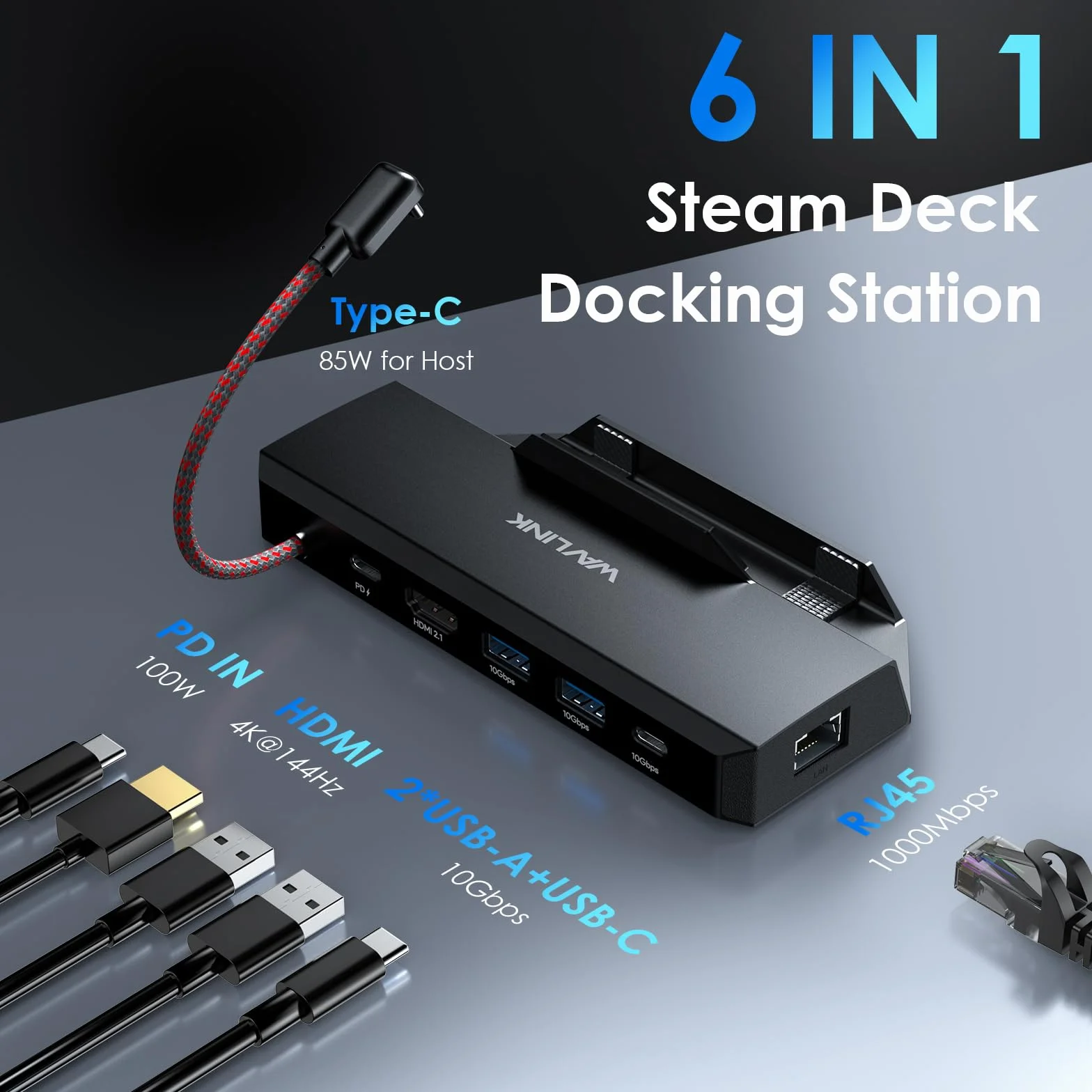WAVLINK Stacja dokująca 6 w 1 do Steam Deck 4K 144 Hz HDMI 2.1 100 W PD USB 3.2 Gigabit RJ45