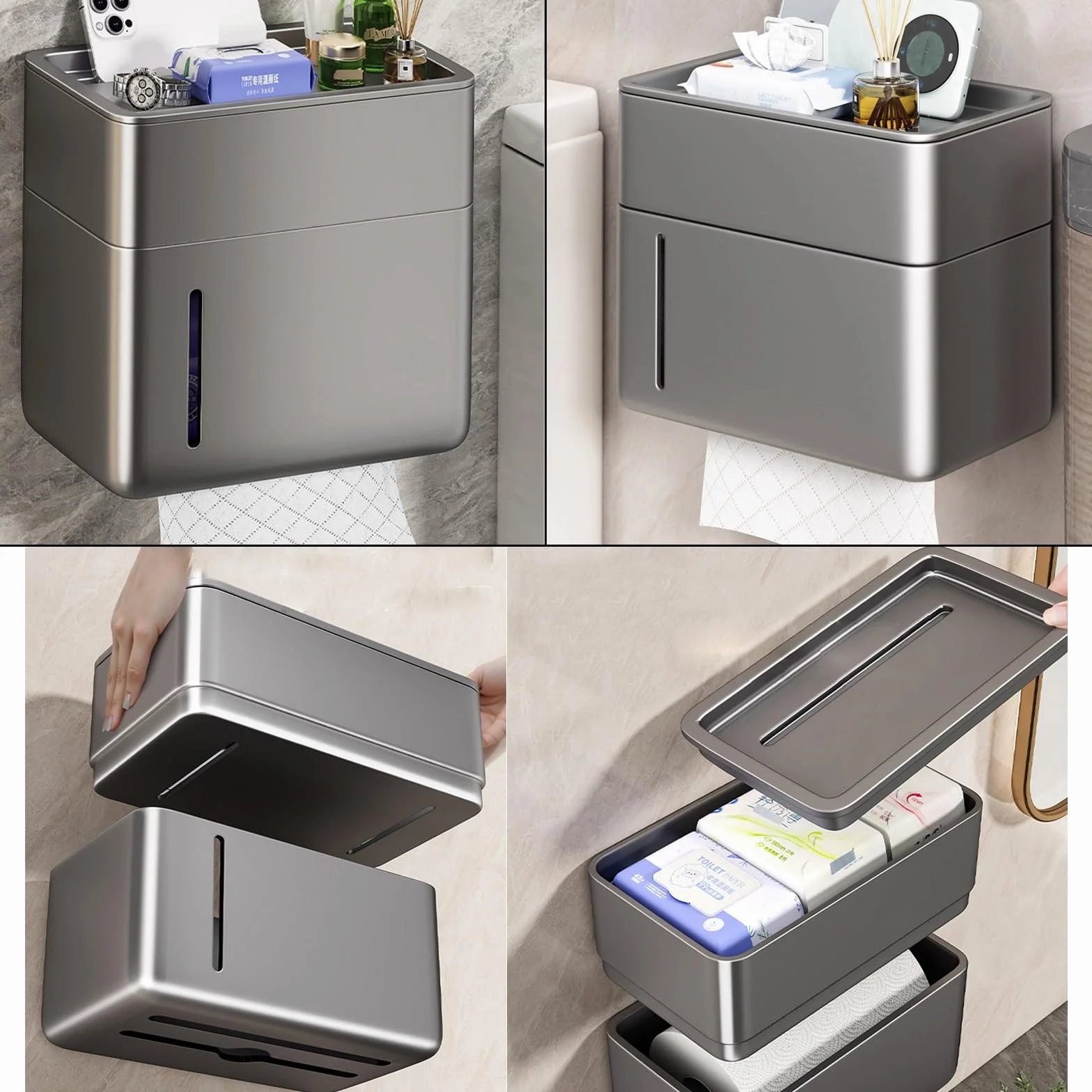 Dozownik Papieru Toaletowego, Dozownik Ręczników Papierowych Montowany na Ścianie, Dozownik Chusteczek Higienicznych, Rolkach Metalowy, Łazienkowych(Gray)