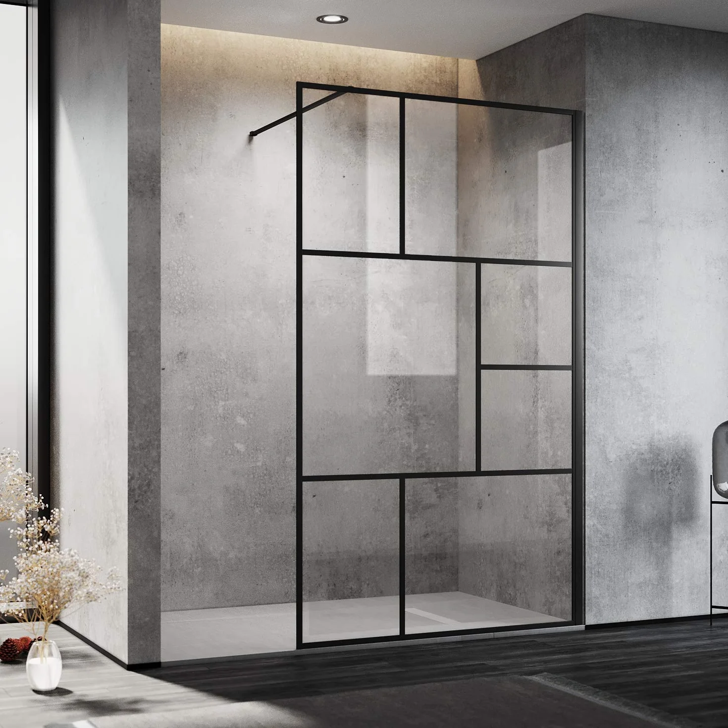 SONNI Ścianka prysznicowa 100 x 200 cm Walk In Black Frame Style z bezpiecznego szkła nano 8 mm, kabina prysznicowa ze stabilizatorem do montażu na brodzikach lub podłodze