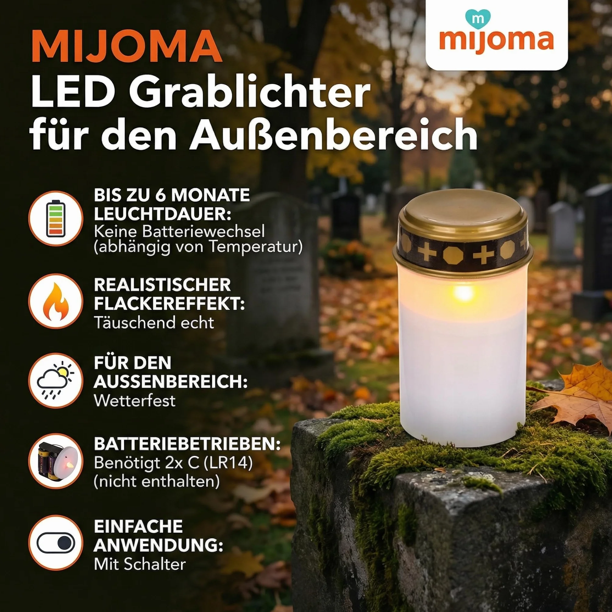 MIJOMA Lampy nagrobne LED do użytku na zewnątrz, zasilanie bateryjne, realistyczny efekt migotania, czas świecenia 6 miesięcy, świeca nagrobna, lampa nagrobna (zestaw 3 sztuk, biała)