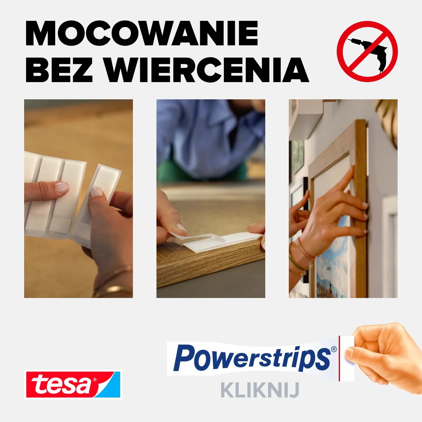 tesa Powerstrips CLICK – podkładki samoprzylepne na rzepy do przypinania i zamykania ramek na zdjęcia i dekoracji ściennych bez wiercenia – samoprzylepne paski na rzepy z systemem zatrzaskowym ON i