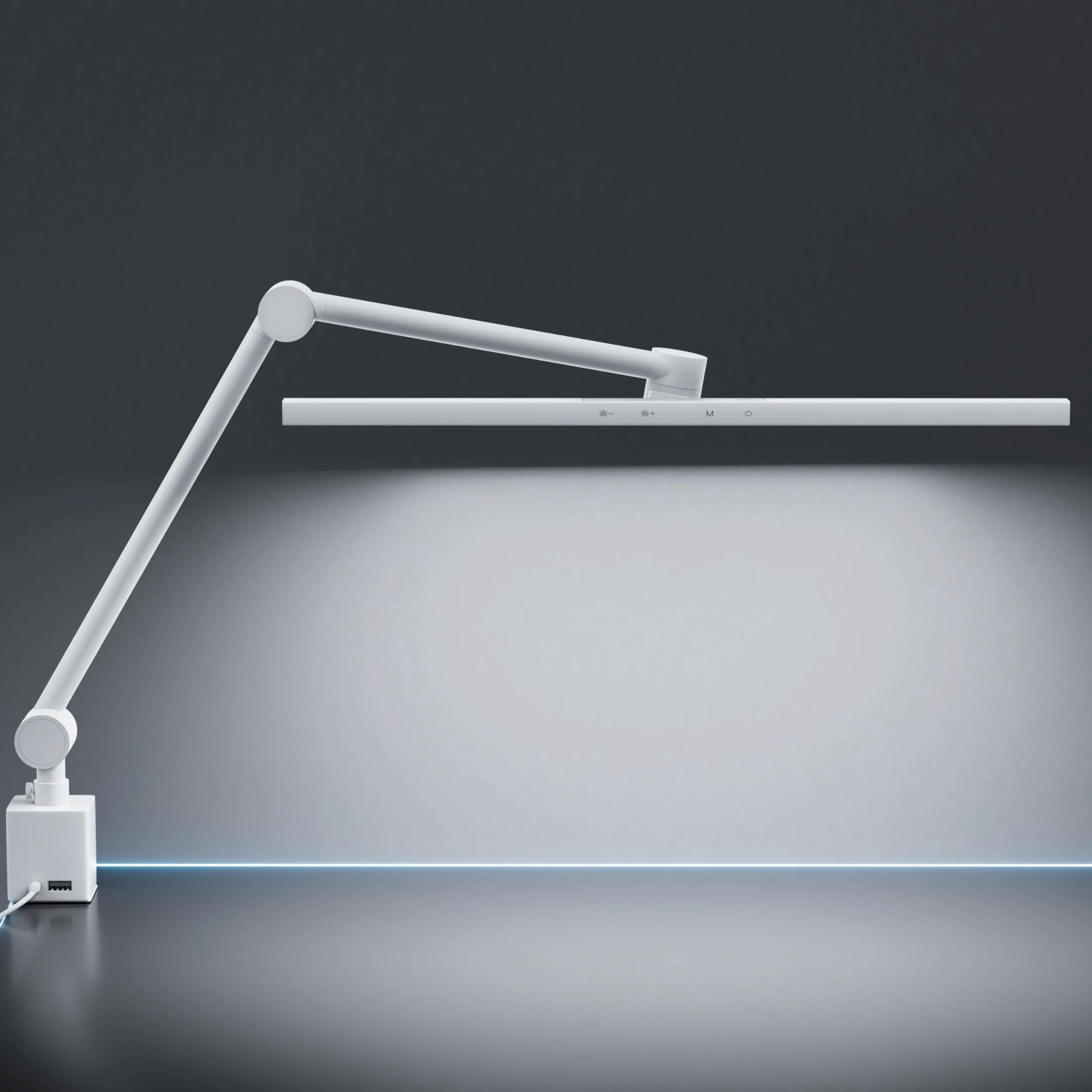 deeloop 2-ramienna, długa lampa biurkowa LED z zaciskiem, CRI 95+, wyjście ładowania USB, 2-godzinny timer, ściemniana lampa biurkowa z pamięcią, architektoniczne lampy biurkowe do czytania i monitora