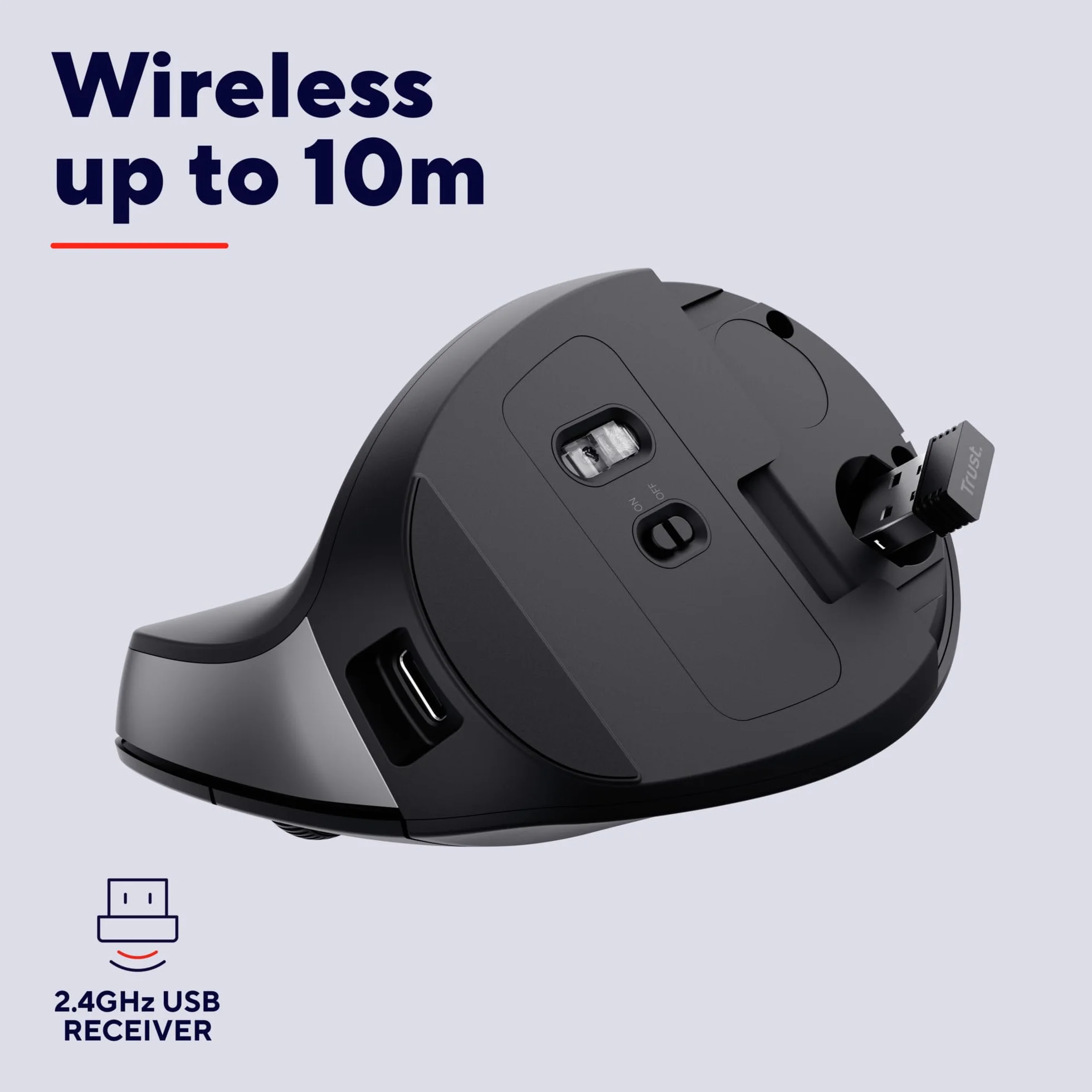 Trust Yuno Ergonomiczna Mysz Bezprzewodowa Pionowa, USB 2.4GHz, Regulowane DPI 800-2400, Czarny