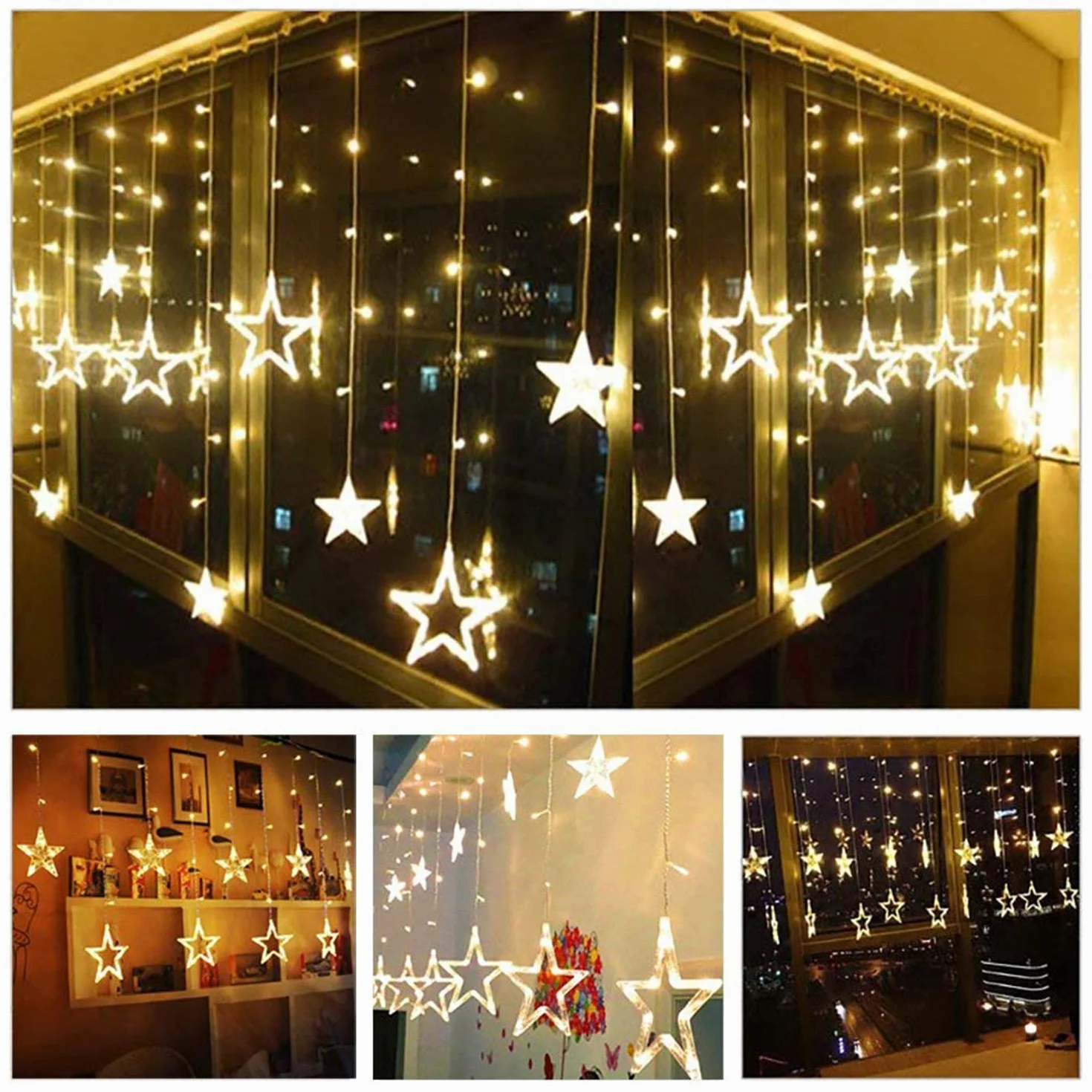 Dekoracja kurtyny świetlnej, 12 gwiazdek 108 diod LED 2,5 m, lampki świetlne LED, oświetlenie bożonarodzeniowe, zasilanie bateryjne (brak w zestawie), dekoracja wnętrz na wesele, do domu, choinki