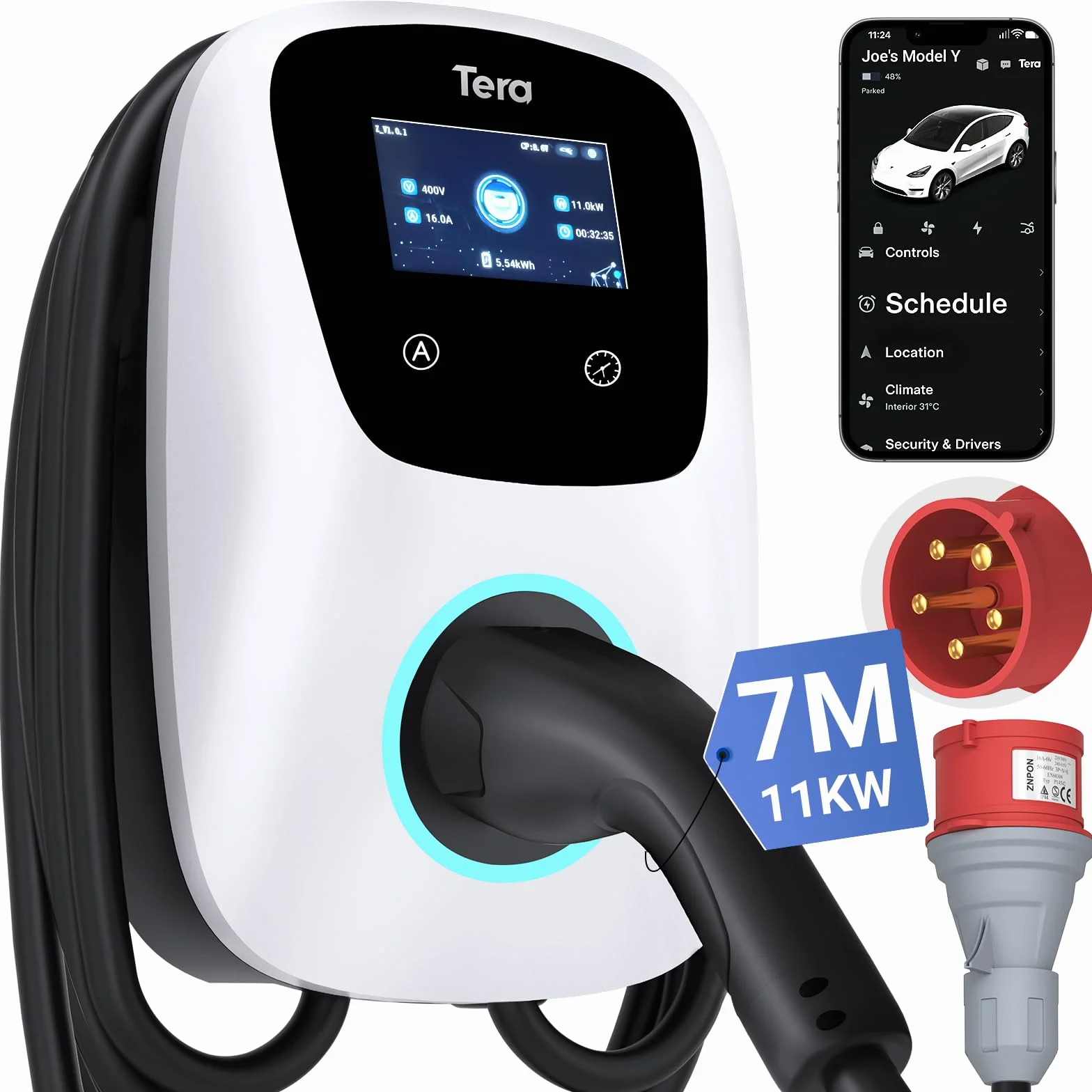 Tera Smart EV ładowarka typu 2, Wallbox z aplikacją 11 kW, 16 A, 400 V, CE i TÜV, z Wi-Fi i Bluetooth, 7 m, kabel do ładowania z uchwytem do ładowarki, domowy Wallbox CEE 3-fazowy wtyk do EVs i PHEV
