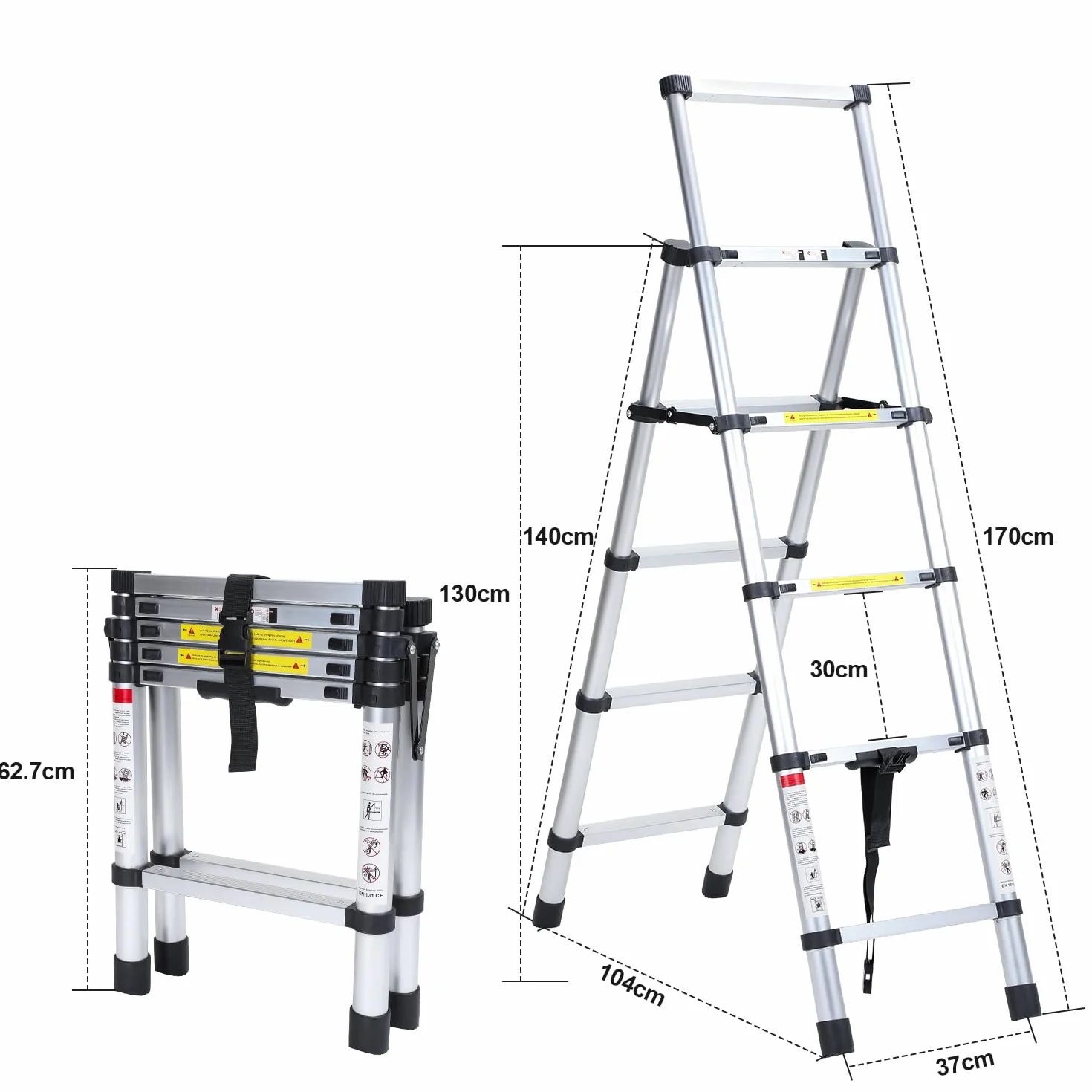 Aluminiowa drabina teleskopowa, składana drabina 1,4 m + 1,7 m, rama A 4 + 5 stopni, drabina wielofunkcyjna, nośność 150 kg, EN131
