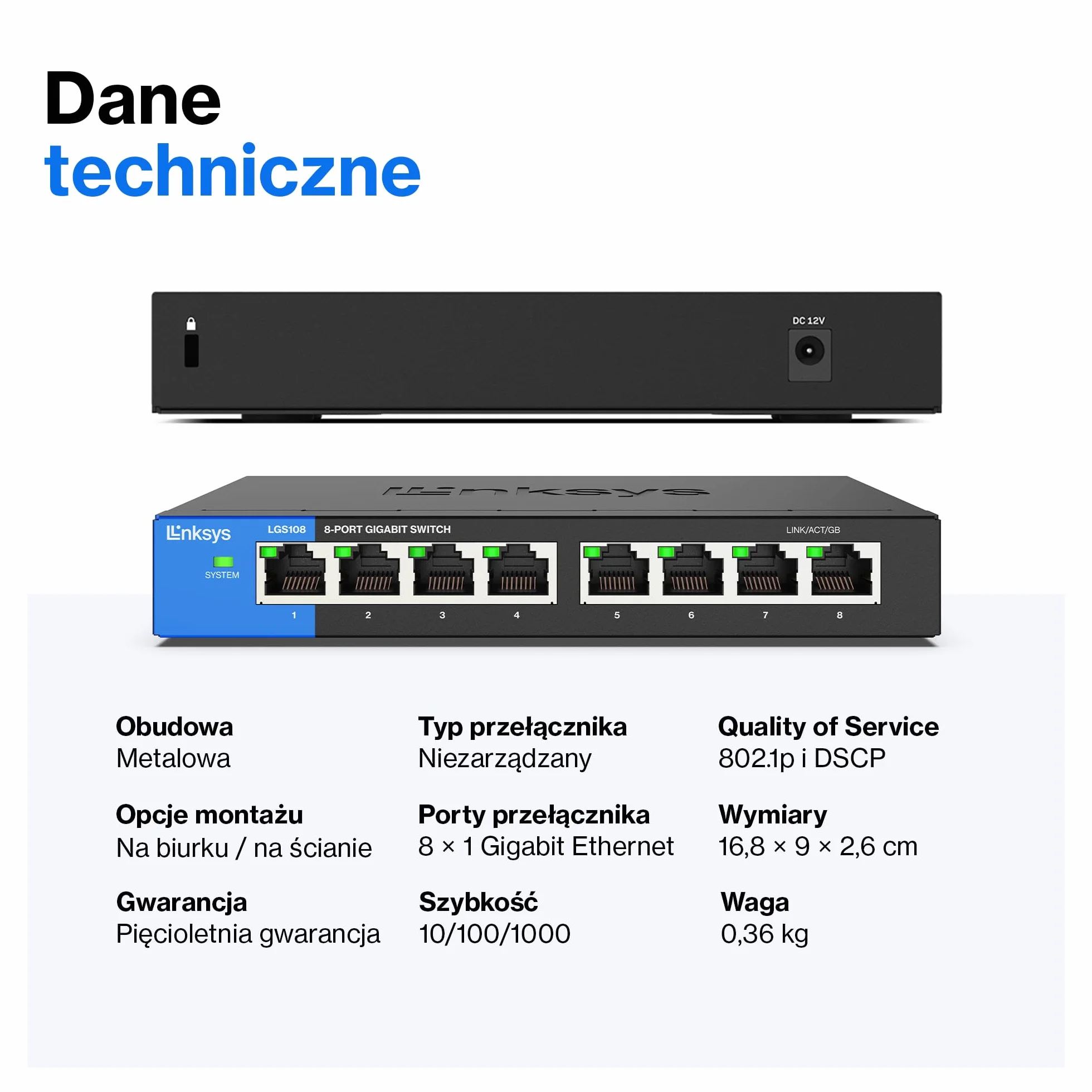 Linksys LGS108-EU 8-portowy Przełącznik Sieciowy Gigabit (bez wentylatora, funkcja Auto Sensing, funkcja oszczędzania energii), Czarny