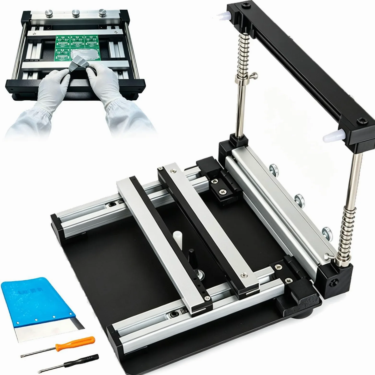 Ręczny stół do sitodruku, sprzęt prototypowy SMT | Z korpusem ze stopu aluminium, regulowana grubość 0,8-1,6/2mm, dla warsztatów naprawy płytek drukowanych(15cm)