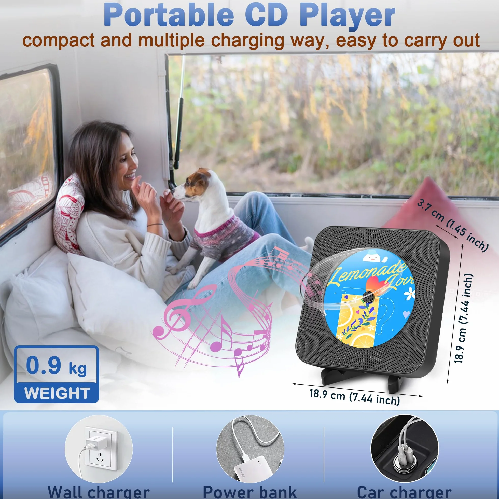 Przenośny odtwarzacz CD do domu, wbudowane podwójne głośniki, obsługa radia FM, gniazdo słuchawkowe/AUX, wejście USB, osłona przeciwpyłowa Odtwarzacz muzyki CD bluetooth z pilotem czarny