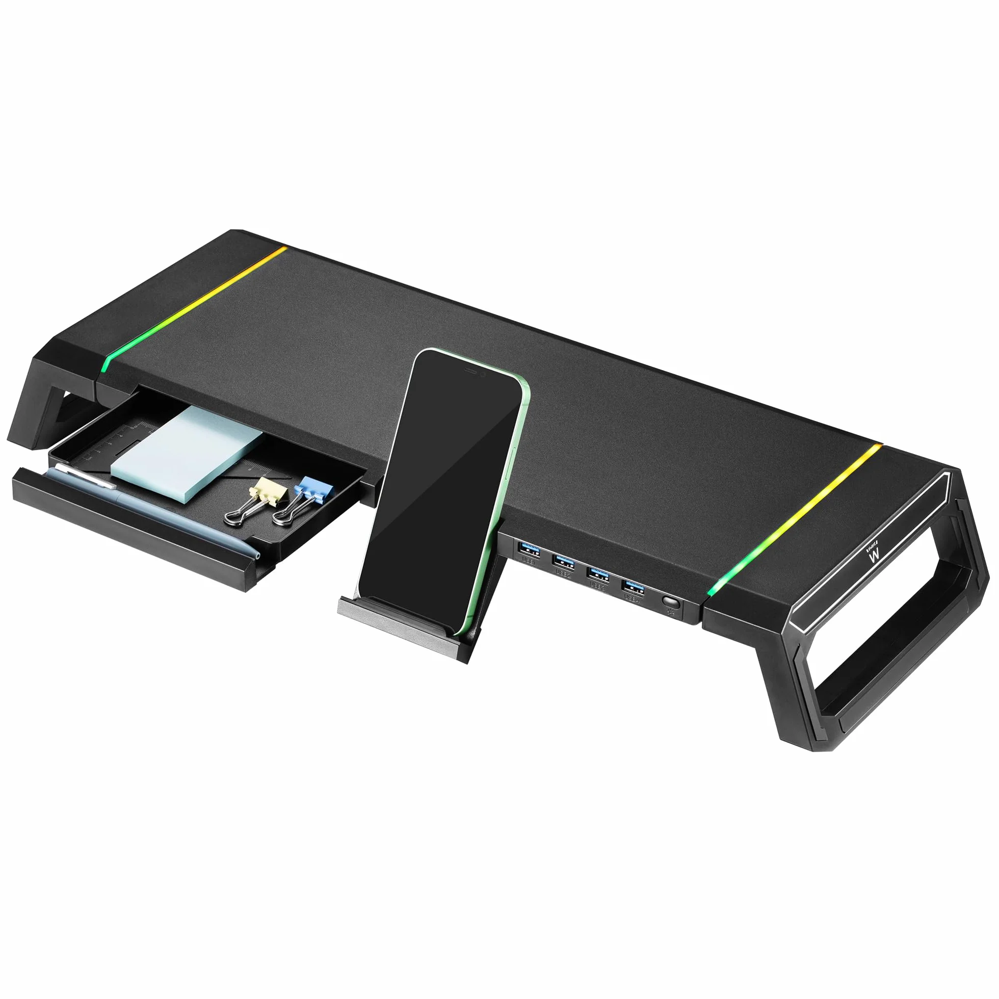 Ewent Stojak na monitor RGB regulowany z szufladą USB 3.2 Gen 1 czarny