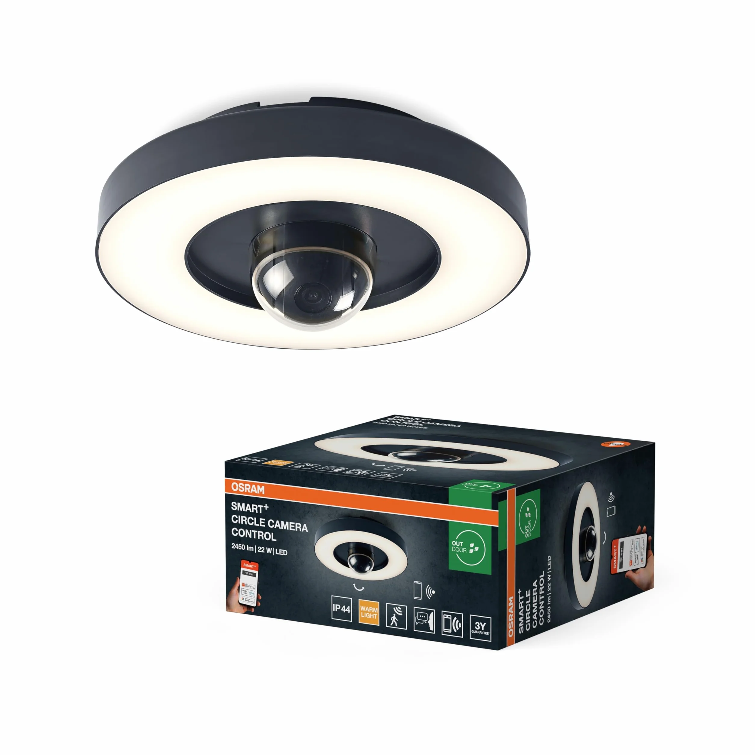 OSRAM Zewnętrzna Oprawa ścienna i sufitowa SMART+ + kamera, ciepłobiałe światło LED (3000K), wysokiej jakości obudowa z poliwęglanu w barwęze ciemnoszarym, zintegrowany głośnik, karta pamięci, | SMART+ Wifi Circle Camera, akcesoria do oświetlenia zewnętrz