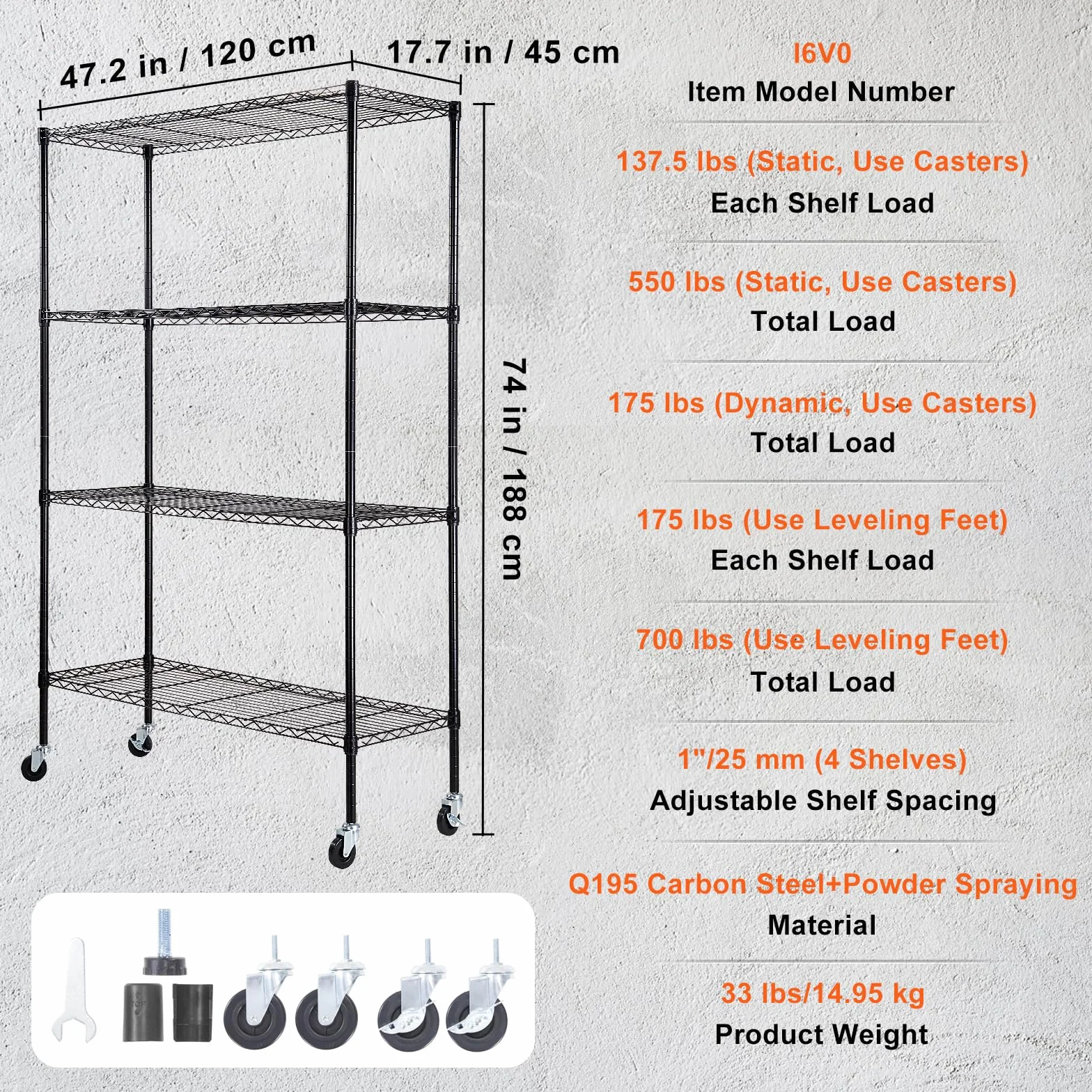 VEVOR Regał do przechowywania z kółkami 4-poziomowy regulowany nośność 317,5 kg metalowy czarny 120x45x188 cm
