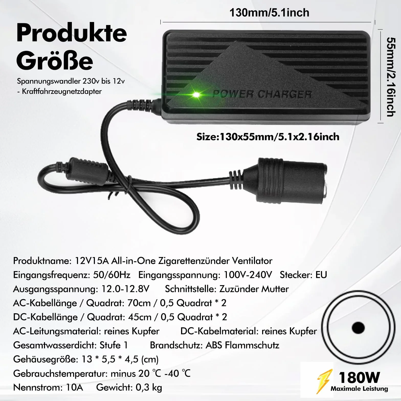 Przetwornica napięcia 230 V na 12 V, 180 W, 15 A, zasilacz sieciowy 12 V, adapter do zapalniczki samochodowej, gniazdo AC na DC do odkurzaczy, sprężarek, lodówek