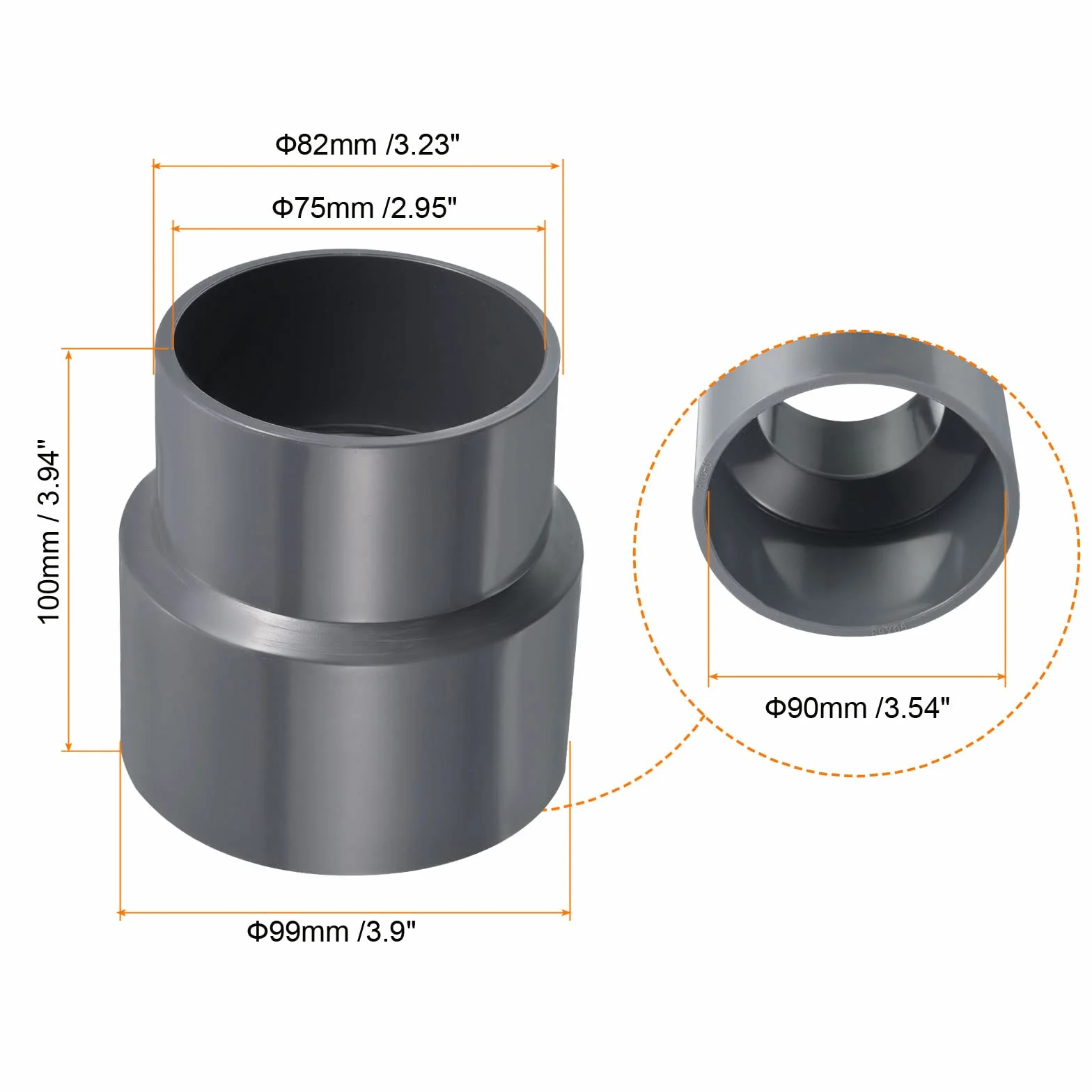 PATIKIL Złączka do rur redukcyjnych PVC 90 x 75 mm, 2-pak proste złącze adaptera sprzęgła, szary