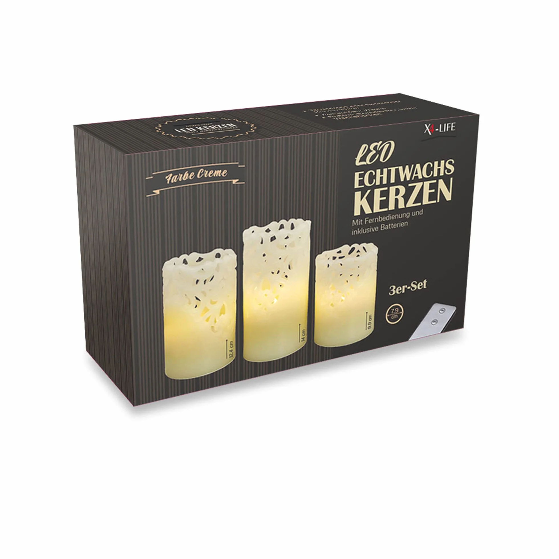 X4-LIFE Świece LED z motywem koronki, zestaw 3 sztuk, pilot zdalnego sterowania, świece LED, prawdziwy wosk, bateria AA, dekoracyjne, ciepła biel, łudząco prawdziwy migoczący płomień świecy, 10 cm, 12