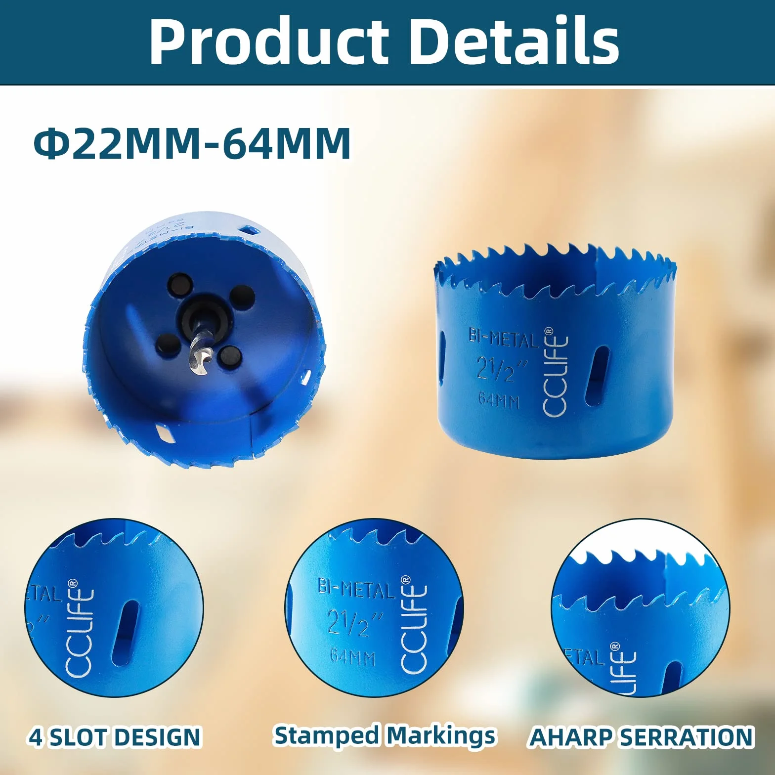 CCLIFE Zestaw otwornic bimetalowych, 8-częściowy M3 HSS-CO Ø 22-64 mm | 38 mm głębokości cięcia | Wiercenie otworów w stali nierdzewnej, lekkim metalu, drewnie, PCV, plastiku itp.