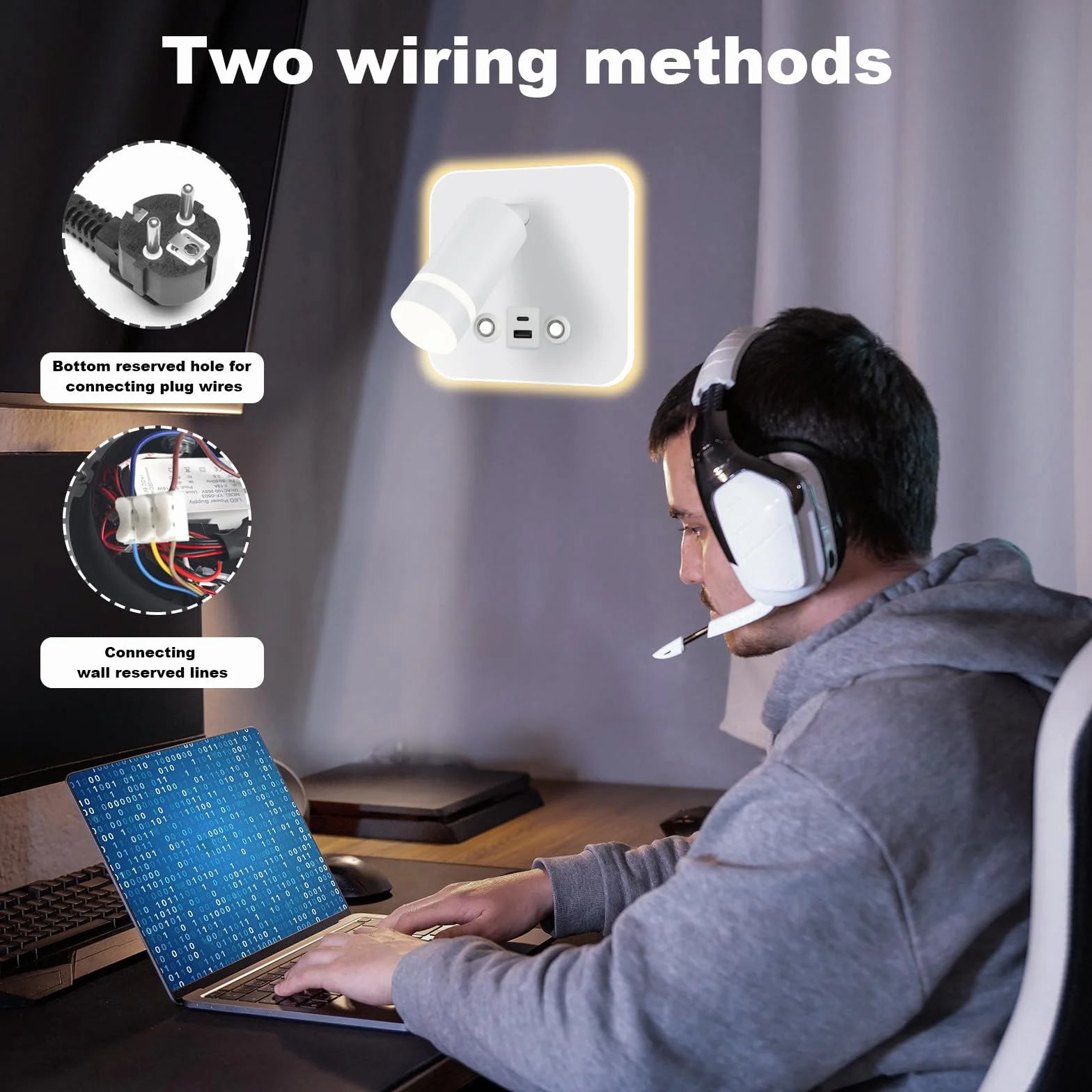 HUIZHOU Lampa do czytania Lampa ścienna LED Sterowanie dotykiem 3-kolorowe temperatury i 12W Port ładowania USB 350° Obrotowe łóżko Światło do czytania Salon i sypialnia (Biały kwadrat)