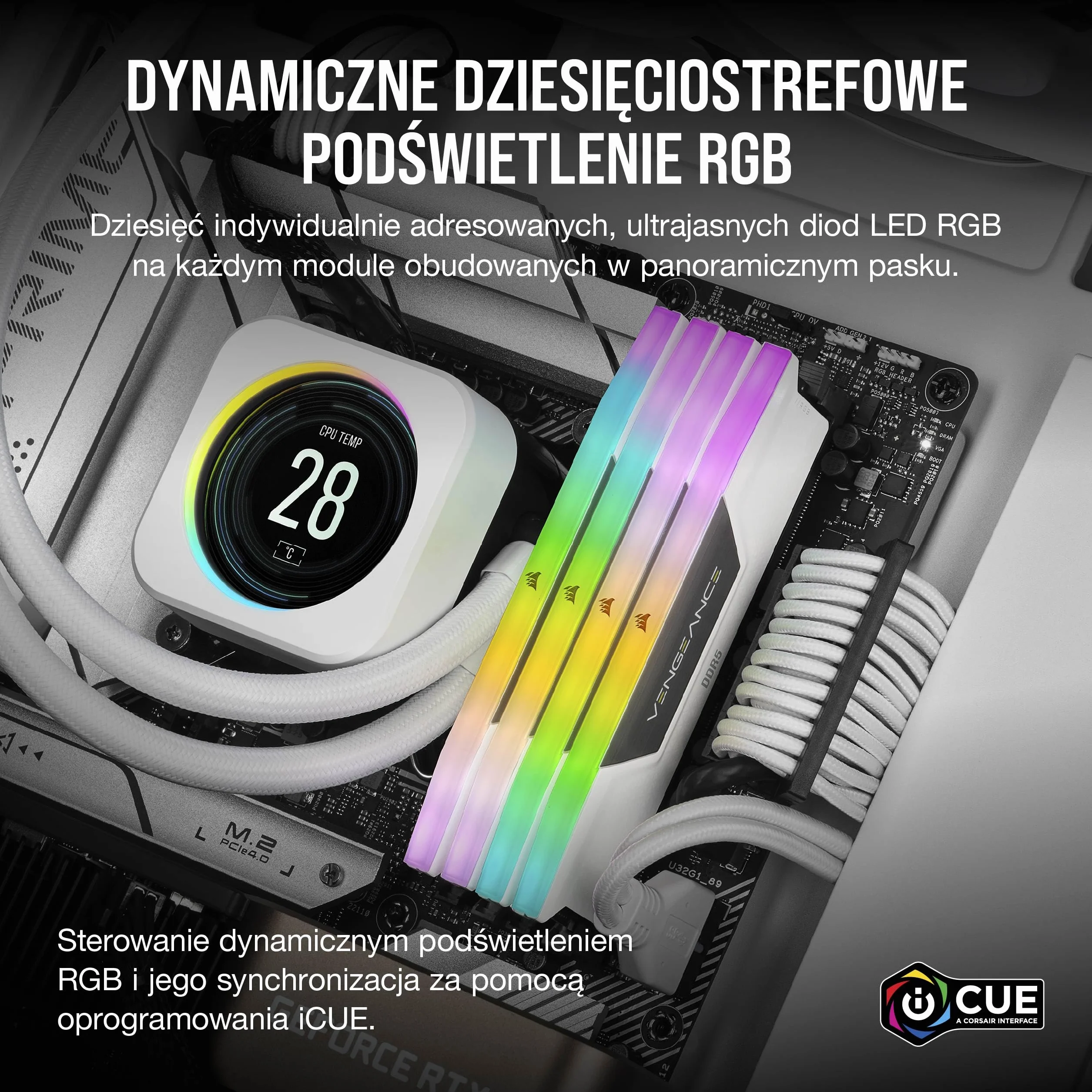 CORSAIR VENGEANCE RGB DDR5 RAM 32GB (2x16GB) do 6000MHz CL36 Intel XMP Kompatybilna Pamięć Komputerowa iCUE - Biały (CMH32GX5M2E6000C36W)
