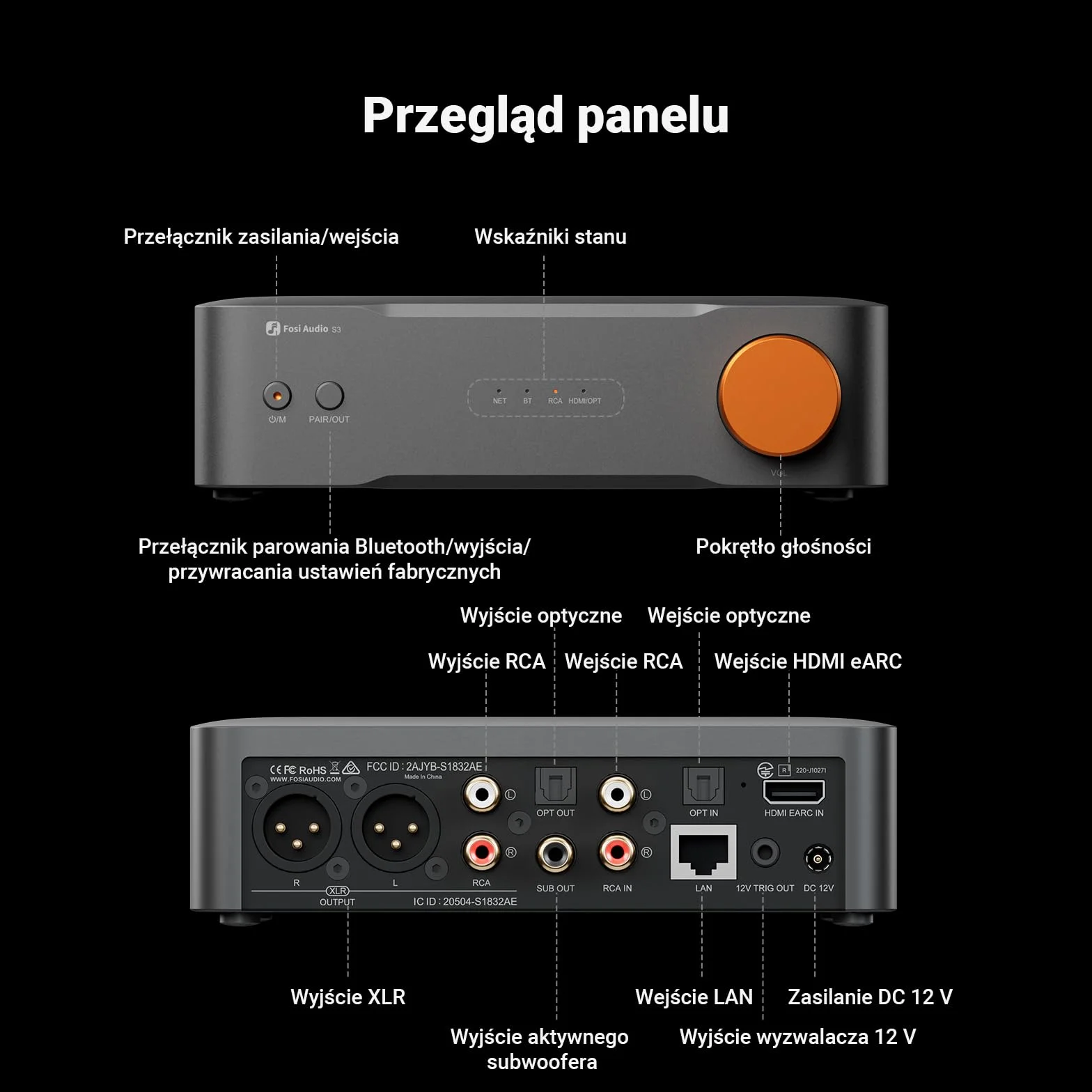 Fosi Audio S3 HiFi Music Streamer DAC Preamp, DAC Wi-Fi 6 Bluetooth 5.3, Transporter Cyfrowy Z Wyjściem XLR Zbalansowanym/Optycznym/Sub/HDMI eARC, AirPlay 2 Spotify Connect Tidal, Korektor 5-Pasmowy